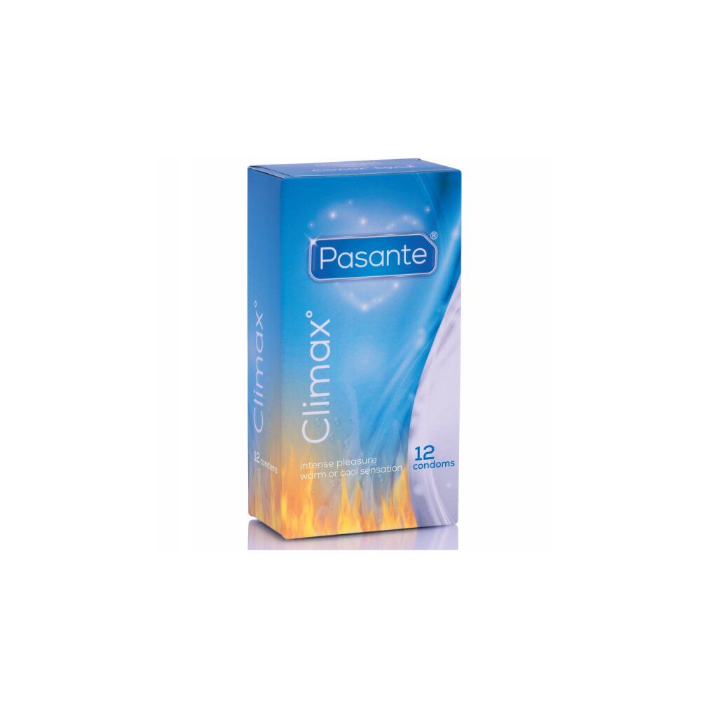 Schachtel mit Kondomen. Marke Pasante, Produktname Climax°. 12 Kondome. Aufdruck: Intense Pleasure, warm or cool sensation.
