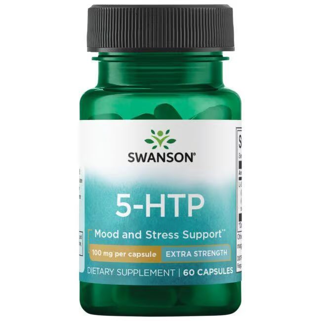 Grüne Flasche mit schwarzem Deckel. Aufschrift: SWANSON 5-HTP, 100 mg pro Kapsel, Extra Strength, 60 Kapseln.