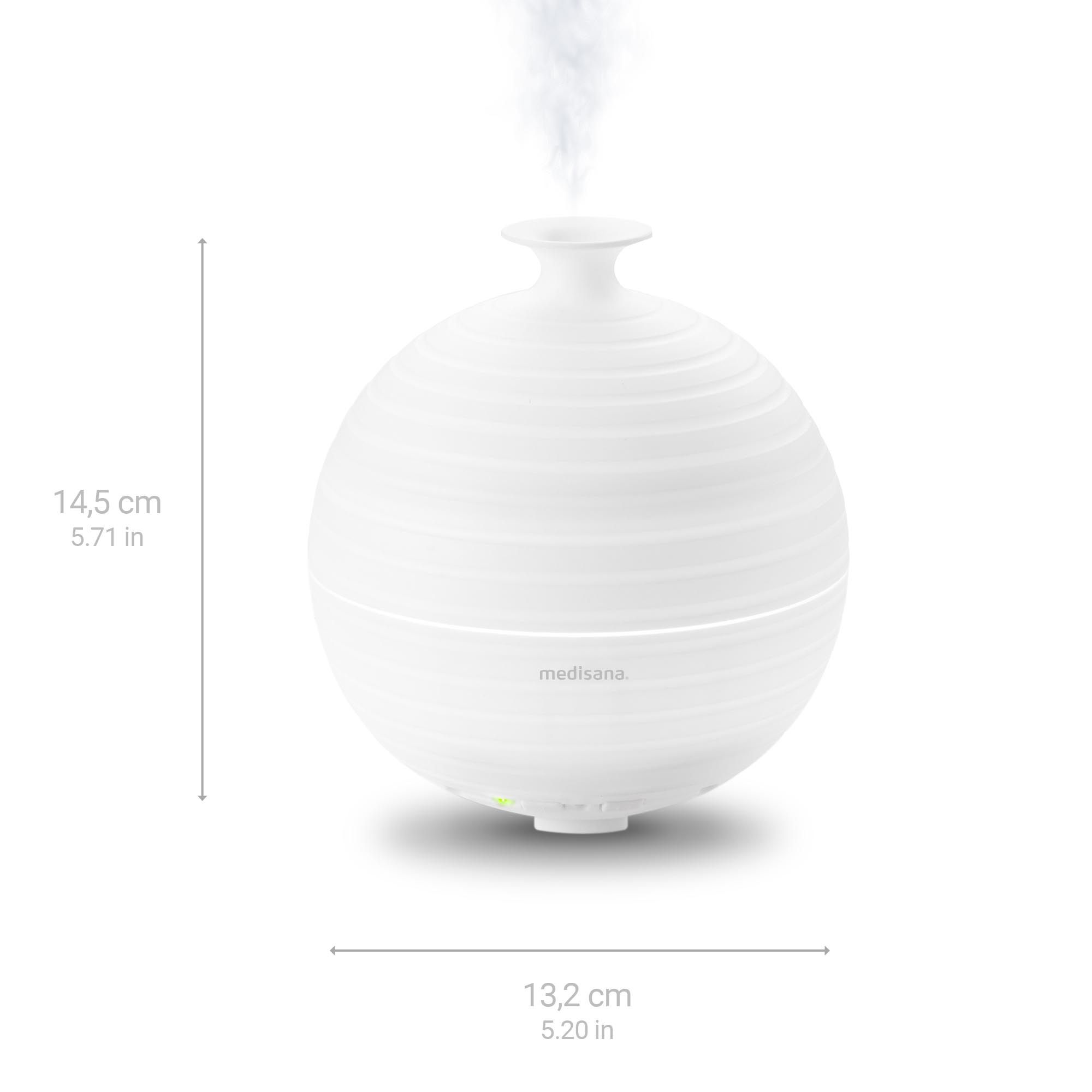 Aroma-Diffusor: Höhe 14,5 cm, Breite 13,2 cm. Weiß, gerillt, mit Dampf.