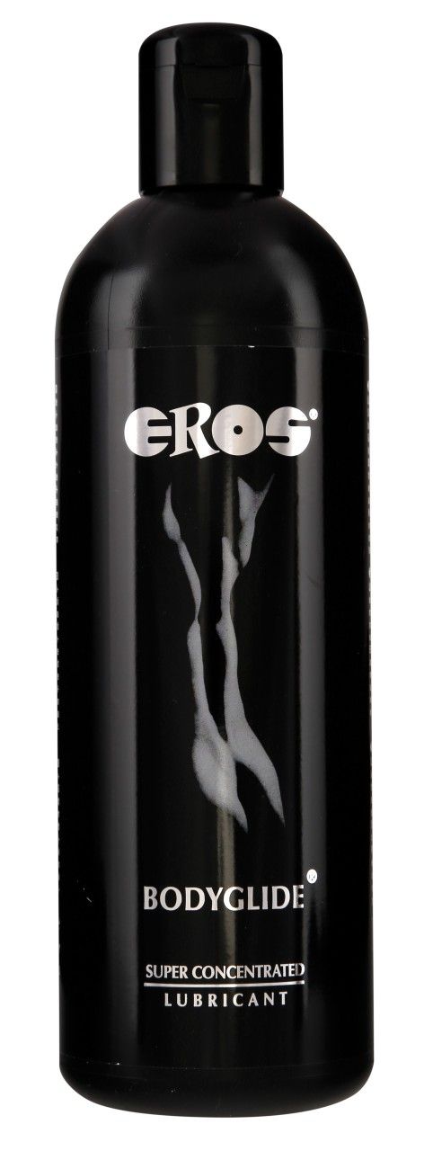 Schwarze Flasche mit "EROS"-Logo und "BODYGLIDE"-Schriftzug. Enthält eine Abbildung einer Frau. "SUPER CONCENTRATE LUBRICANT" darunter.