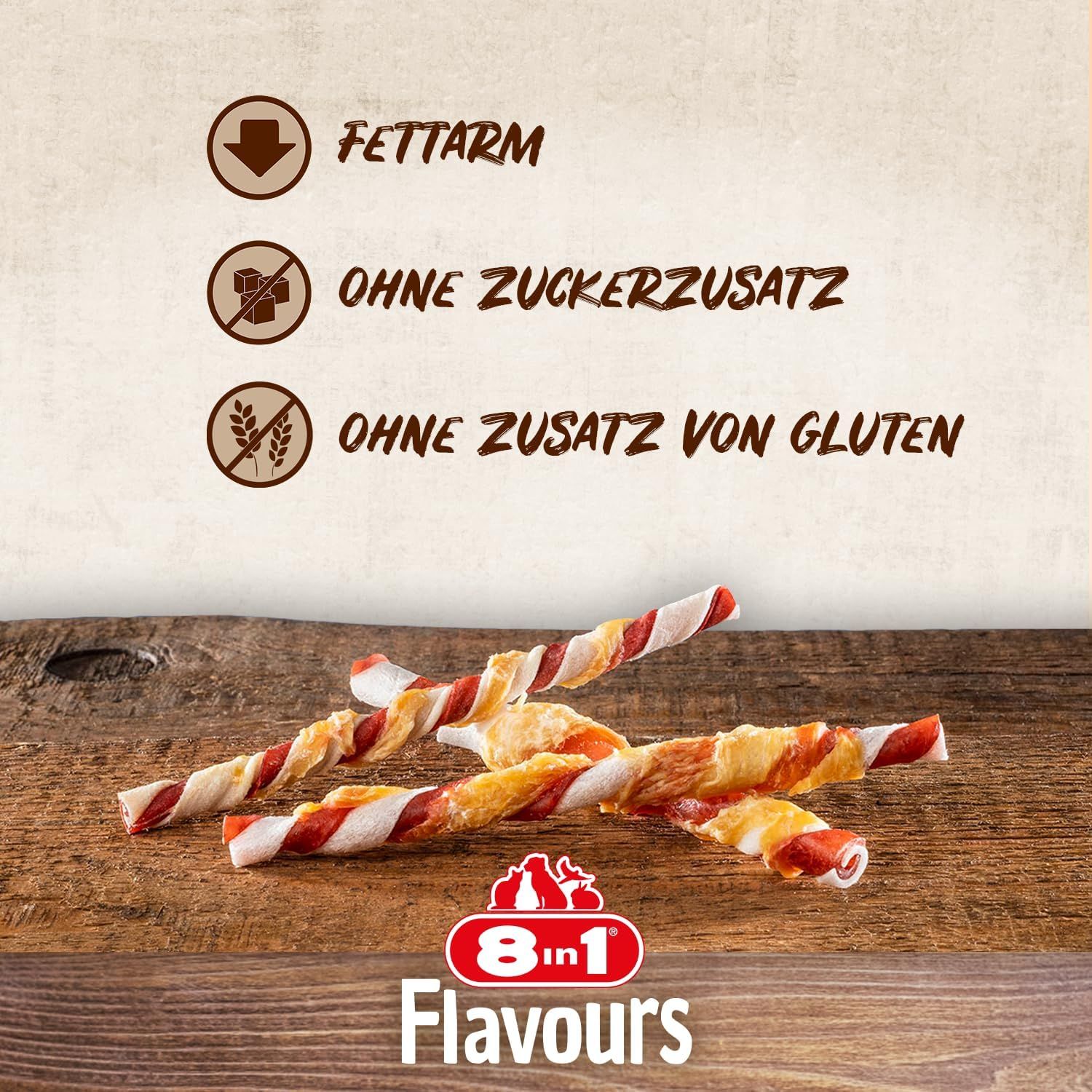 Mehrere gedrehte Sticks auf Holzuntergrund. Text: fettarm, ohne Zuckerzusatz, ohne Gluten. 8in1 Flavours Logo.