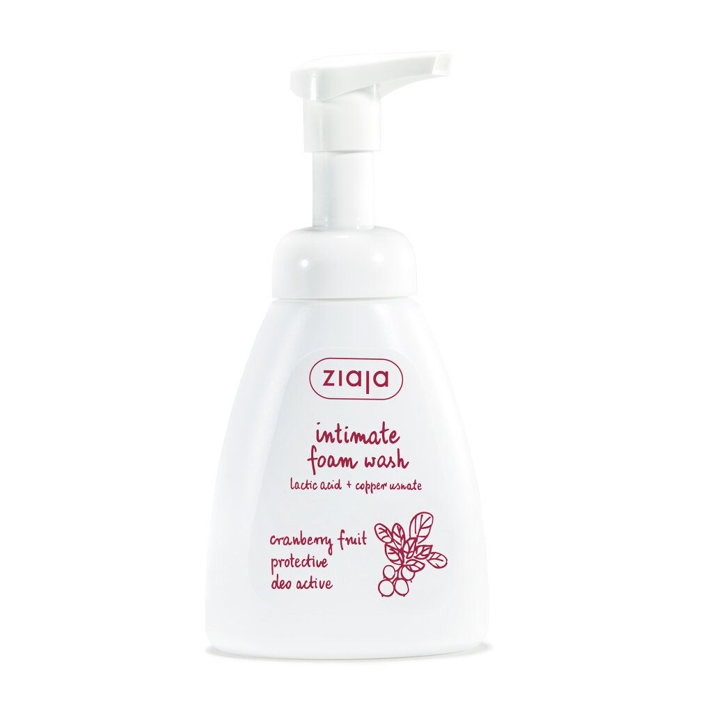 Weiße Flasche mit Dosierpumpe. Aufschrift: ZIAJA, intimate foam wash, cranberry fruit protective deo active.