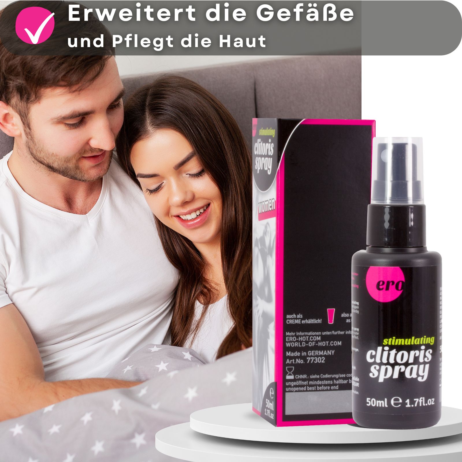 Ero Clitoris Spray und Verpackung. Flasche und Schachtel neben Paar. Vorteile hervorgehoben.