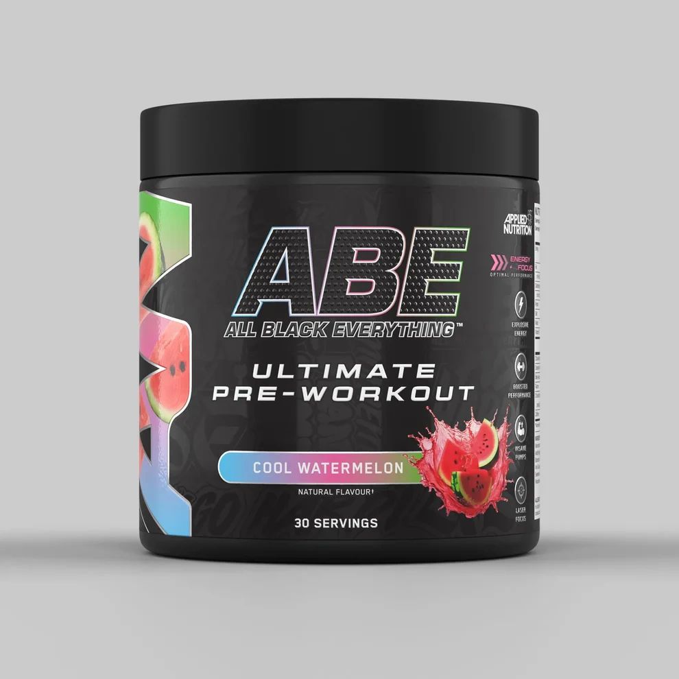 Schwarze Dose mit "ABE"-Logo und "Ultimate Pre-Workout"-Text. Geschmack: Cool Watermelon. 30 Portionen. Applied Nutrition.