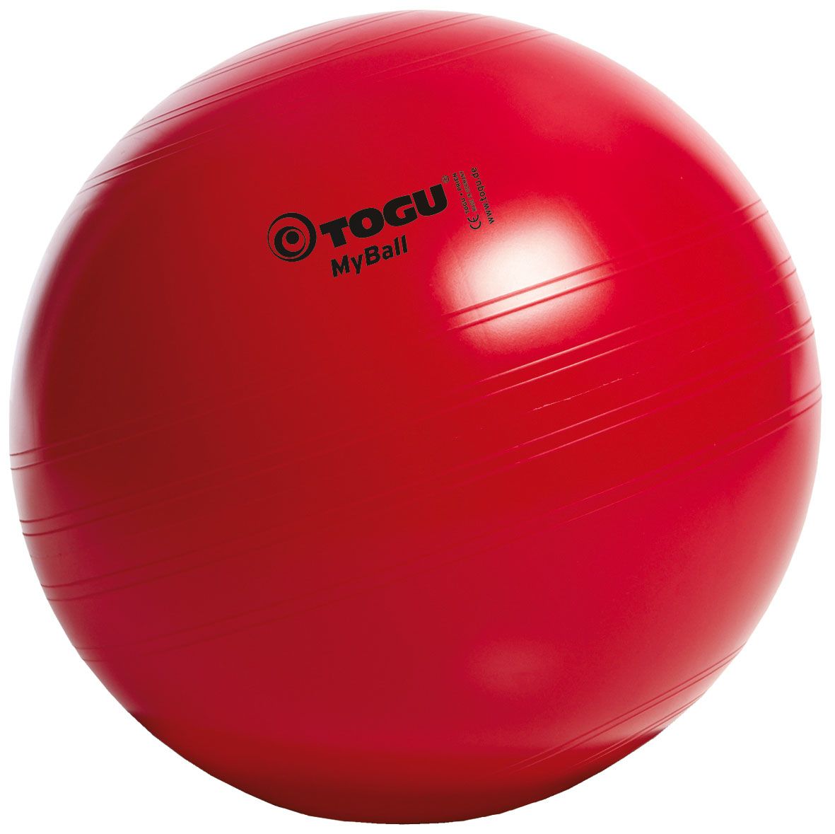 Roter Gymnastikball mit "TOGU MyBall" Logo. Oberfl",che mit feinen Rillen.