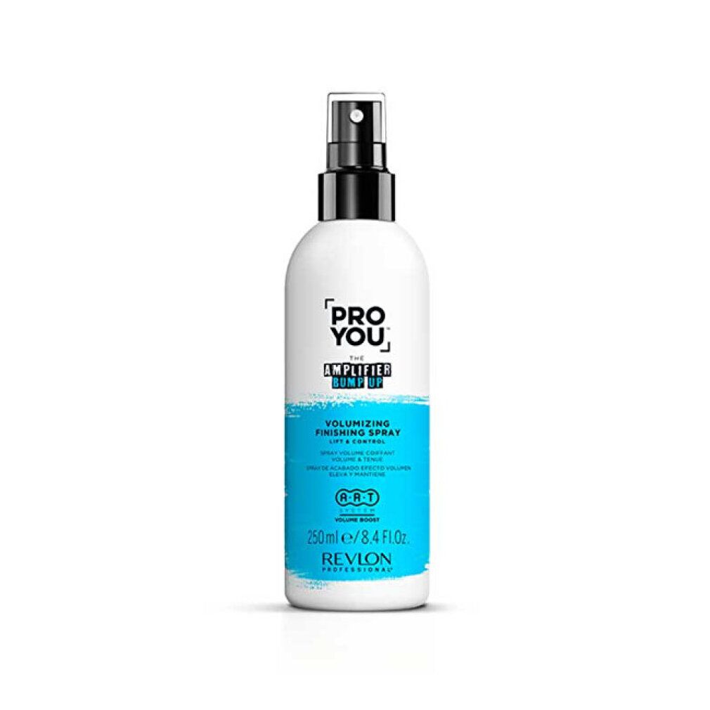 Weiße Flasche mit schwarzem Sprühkopf. Blaue Beschriftung: Pro You, Amplifier Bump Up, Volumizing Finishing Spray. Revlon Professional.