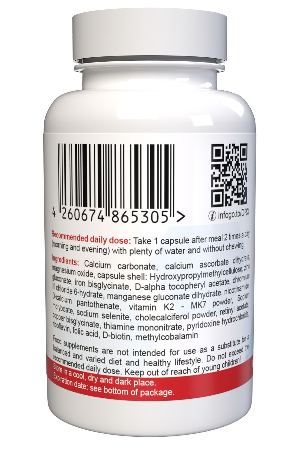 Rückseite der weißen Flasche. Barcode und QR-Code. Text: Empfohlene Tagesdosis, Inhaltsstoffe, Warnhinweise. Roter Streifen am Boden.