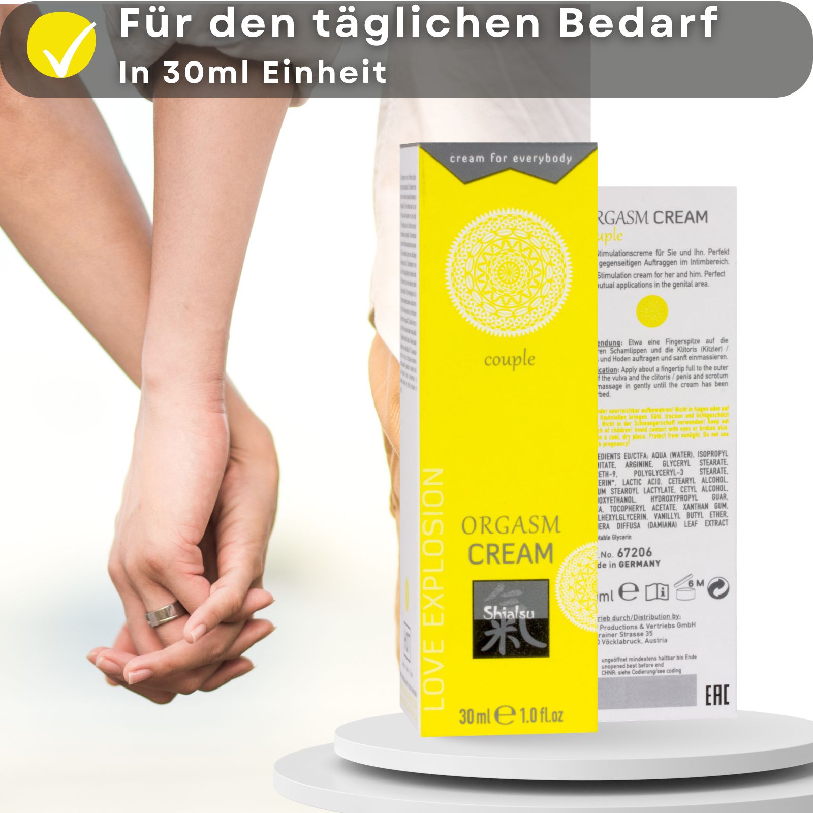 Produkt und Text. Gelbe Tube und Schachtel. Text: Für den täglichen Bedarf, 30ml.