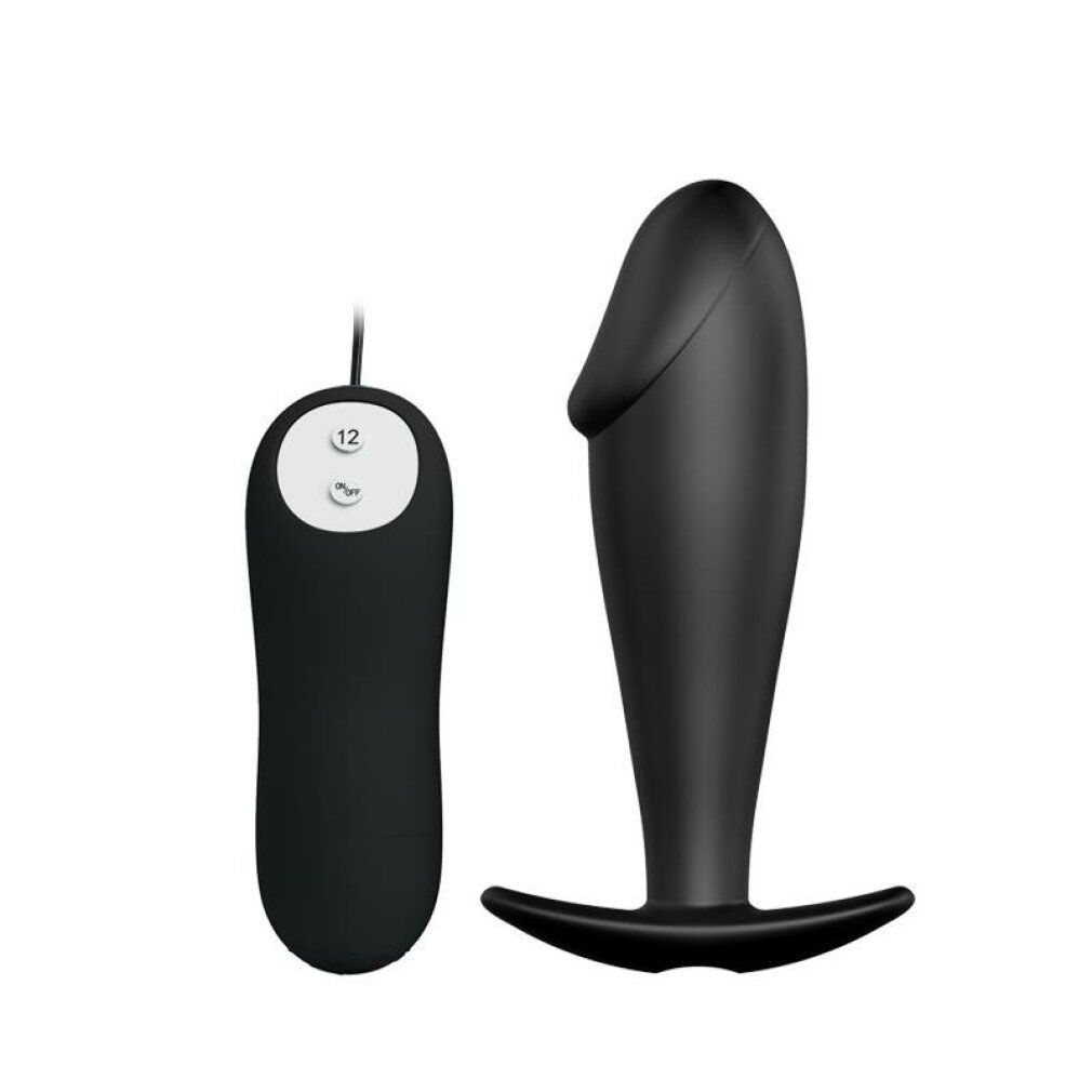 Schwarzer Analplug mit T-förmiger Basis und Fernbedienung mit zwei Knöpfen.