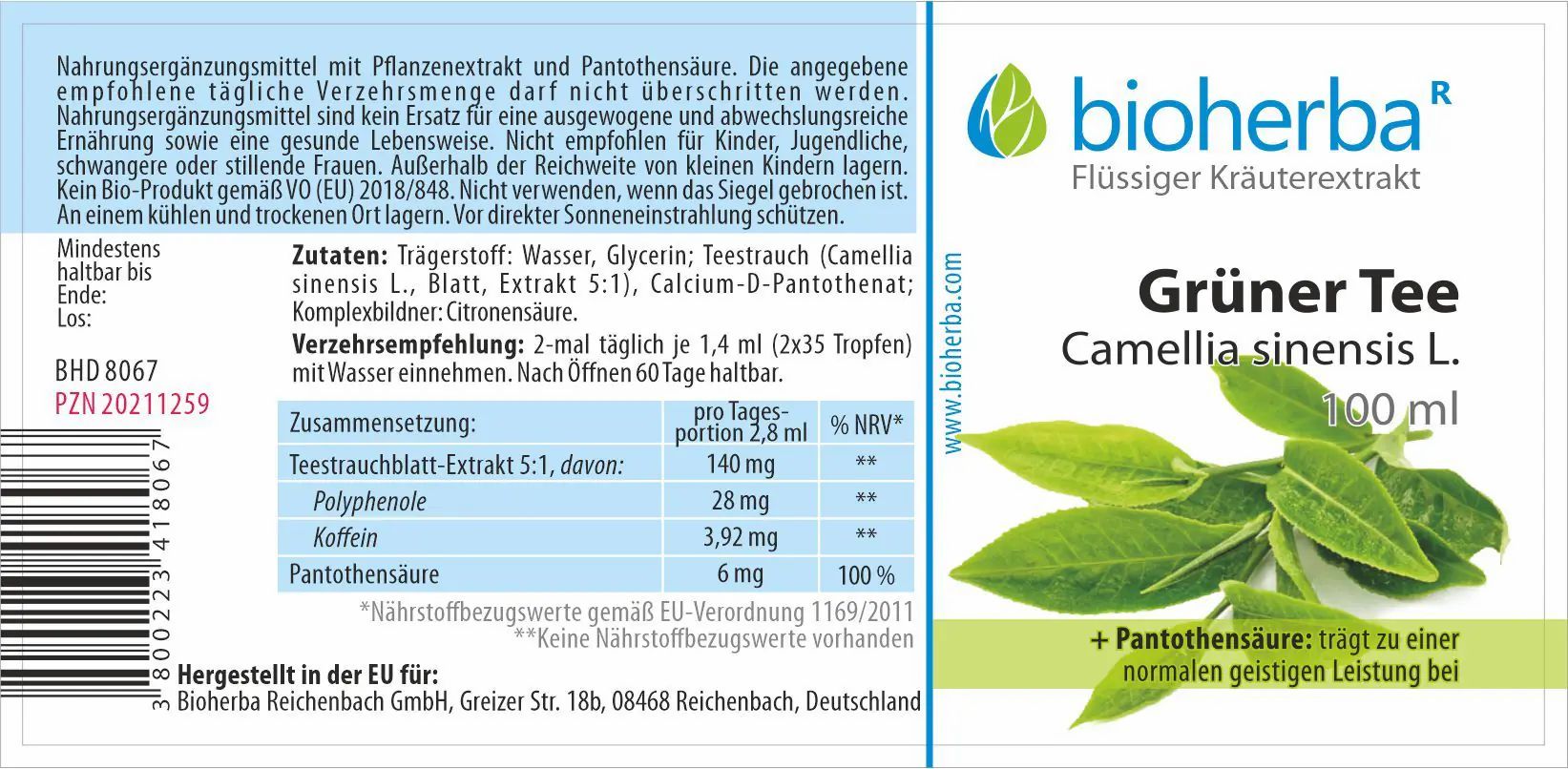 Etikett mit Produktinformationen. Grüner Tee Camellia sinensis L. Tinktur. Enthält Inhaltsstoffe und Nährwertangaben.