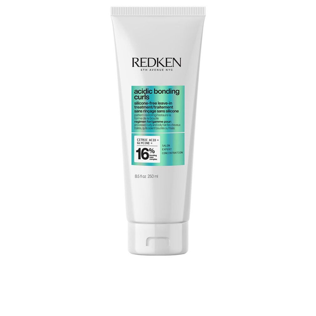 Weiße Tube mit grünem Etikett. Text: Redken, acidic bonding curls. Aufschrift: 16% Zitronensäure + Glyzerin. 250 ml.