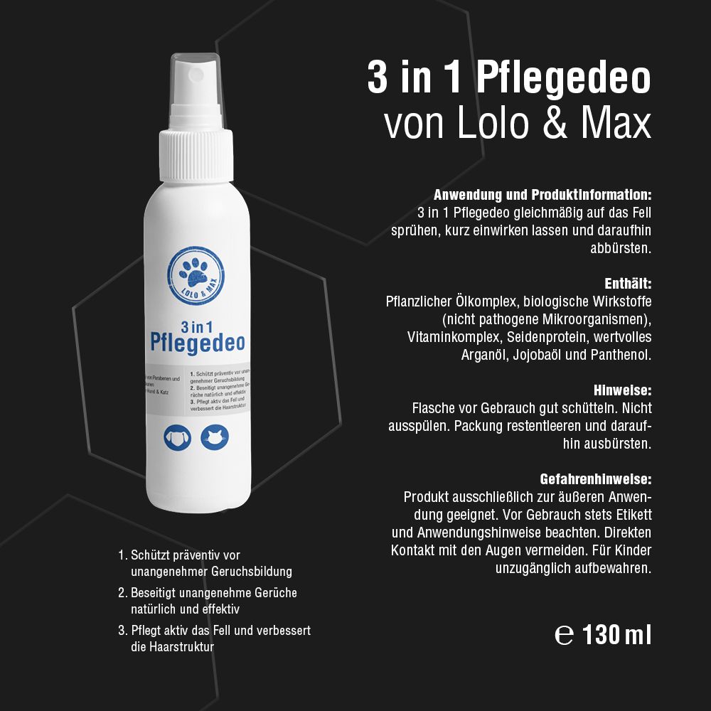 Weißes Pflegespray mit Aufschrift: 3 in 1 Pflegedeo von Lolo & Max. Schwarzer Hintergrund mit Produktinformationen.