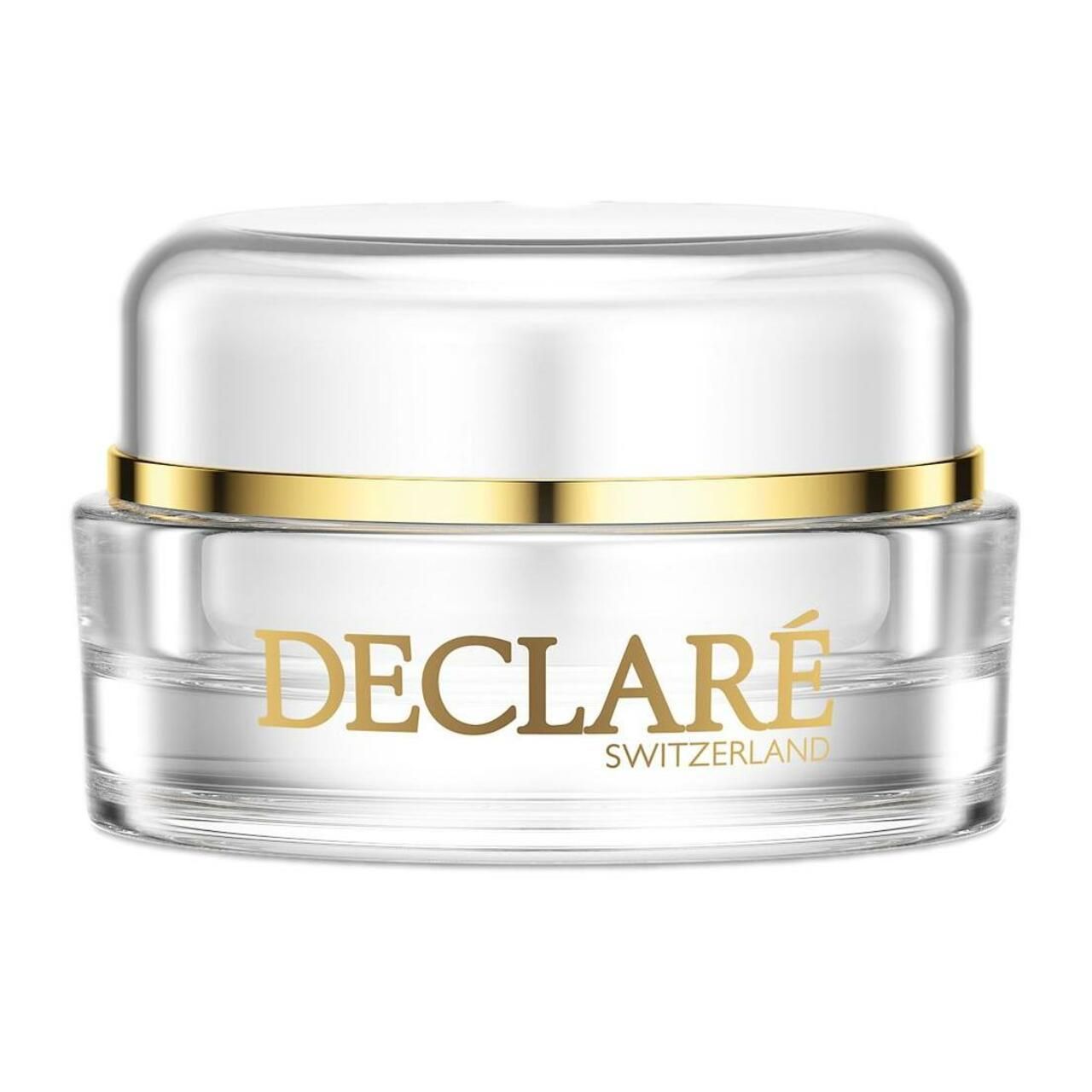 Klarer Tiegel mit weißem Deckel und goldenem Ring. DECLARÉ-Logo und Schriftzug „SWITZERLAND“ sind sichtbar.