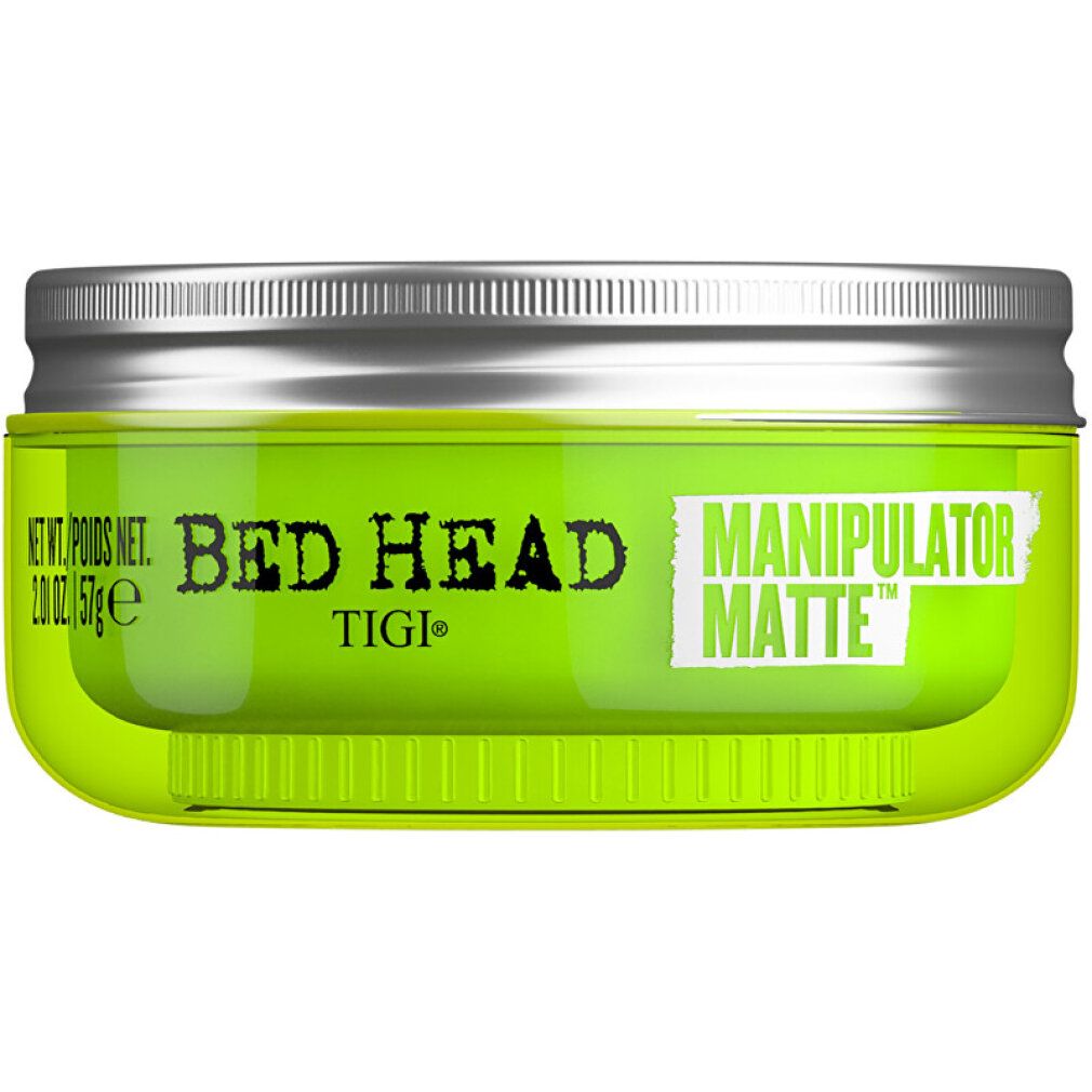 Grünes Tiegel mit silbernem Deckel. Aufschrift: BED HEAD, MANIPULATOR MATTE, TIGI. Produktbezeichnung und Marke deutlich sichtbar.