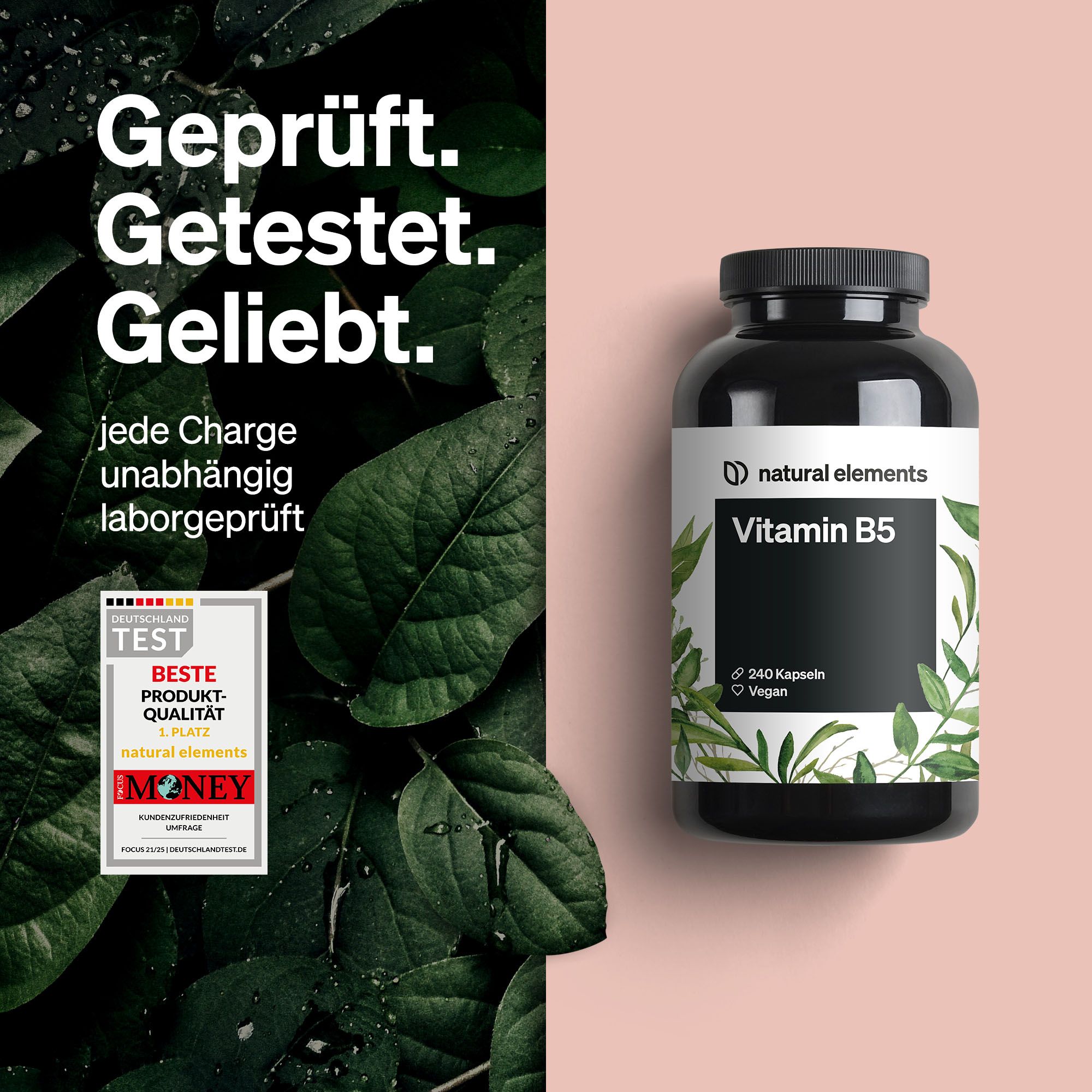 Flasche mit Vitamin B5 neben Test-Siegel. Text: Geprüft. Getestet. Geliebt. Beste Produktqualität.