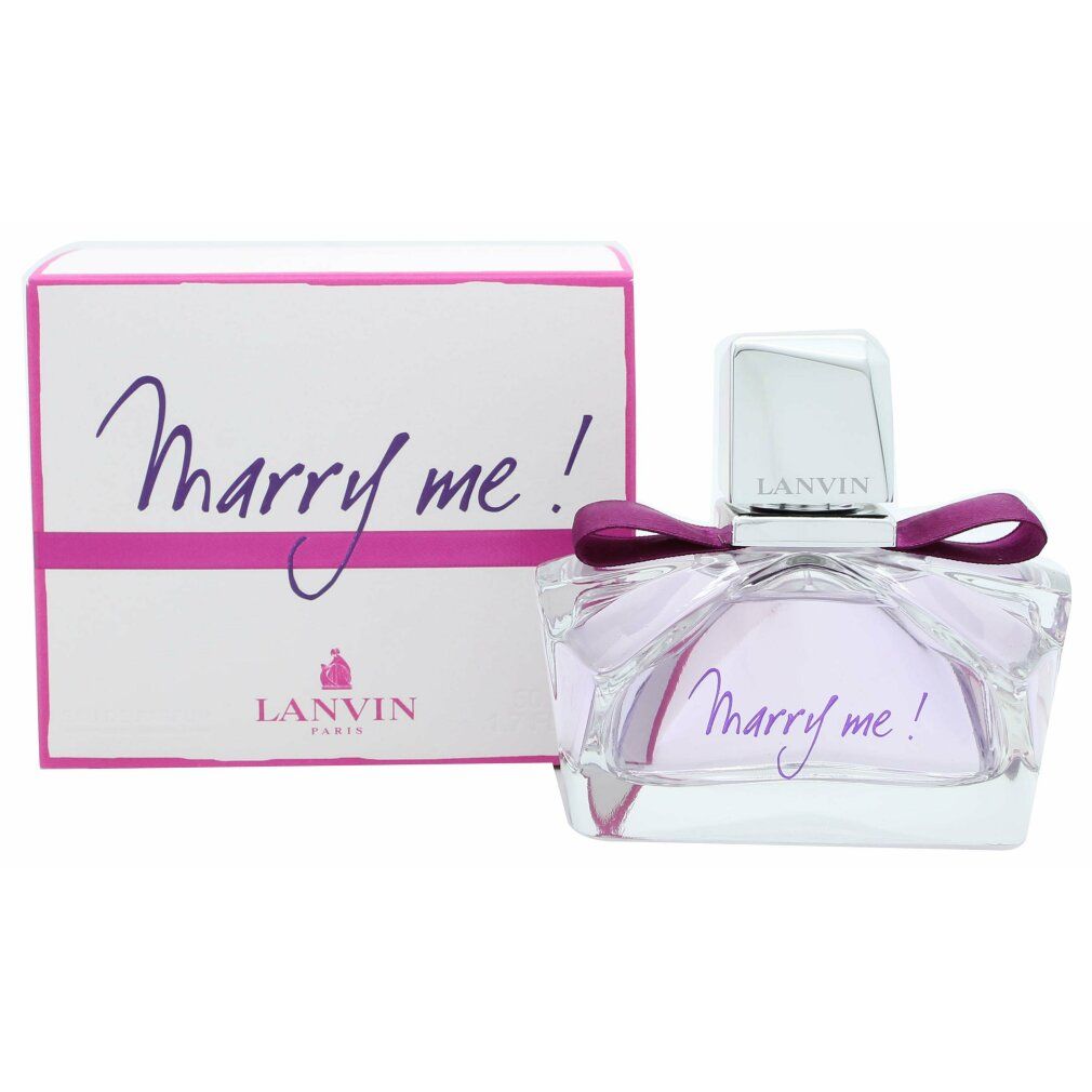 Parfümflakon und Verpackung. Flakon mit Schleife und Schriftzug "Marry me!". Verpackung mit Schriftzug "Marry me!" und Logo.