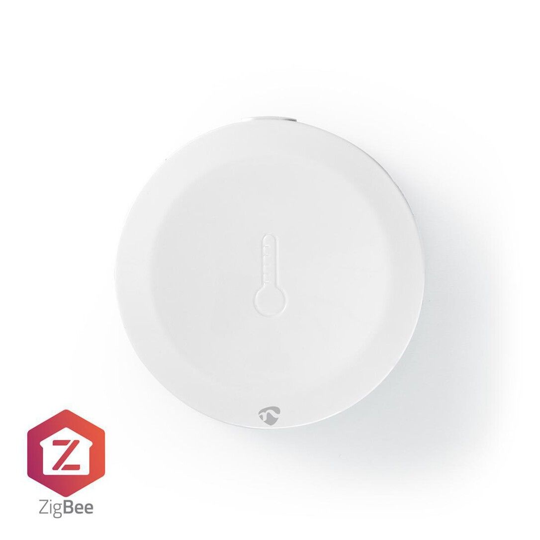 Runder, weißer Sensor mit Thermometer-Symbol. Zigbee-Logo und Nedis-Logo unten links.
