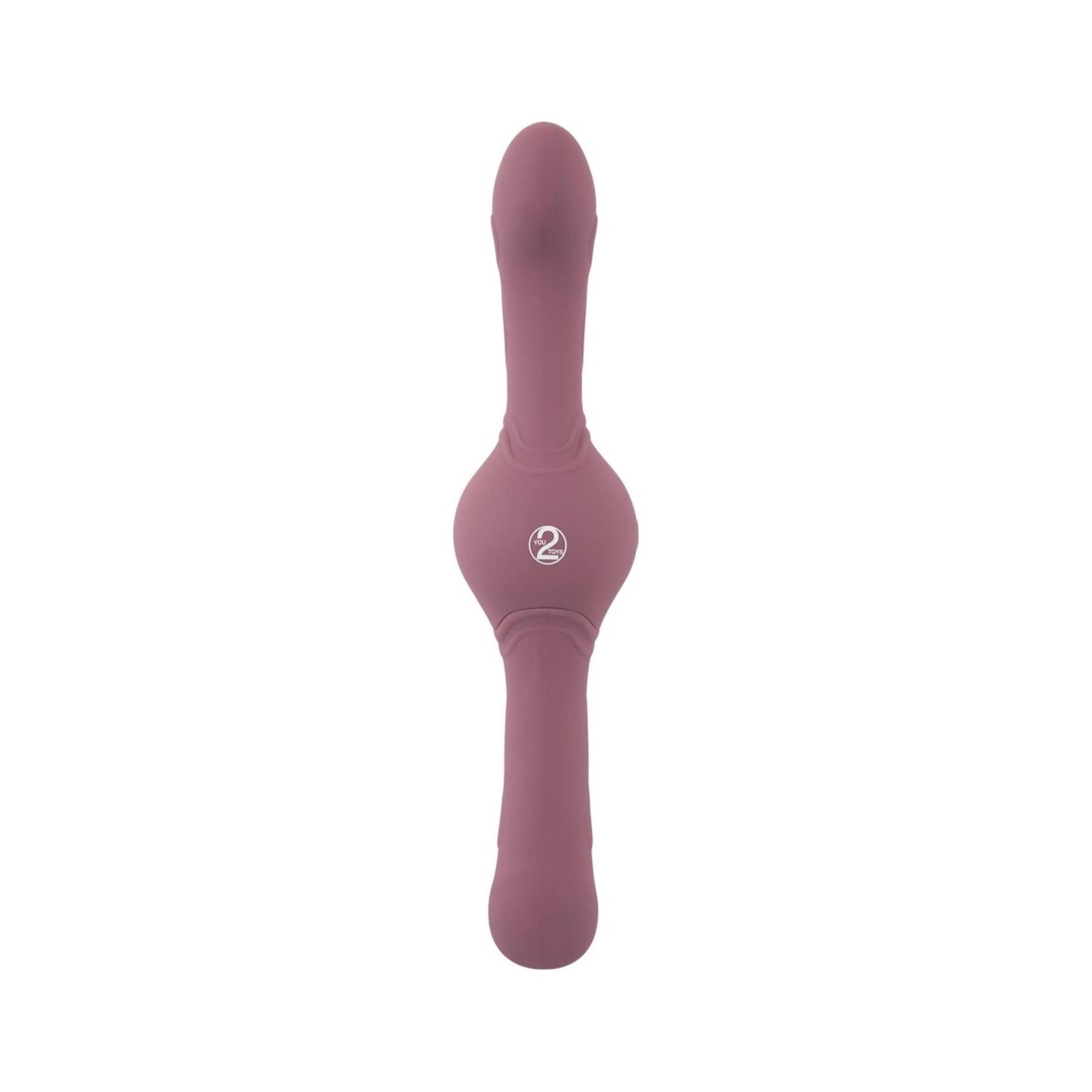 Rosa Vibrator mit zwei Enden und einem runden Mittelteil. Das Produkt hat das Logo "2".