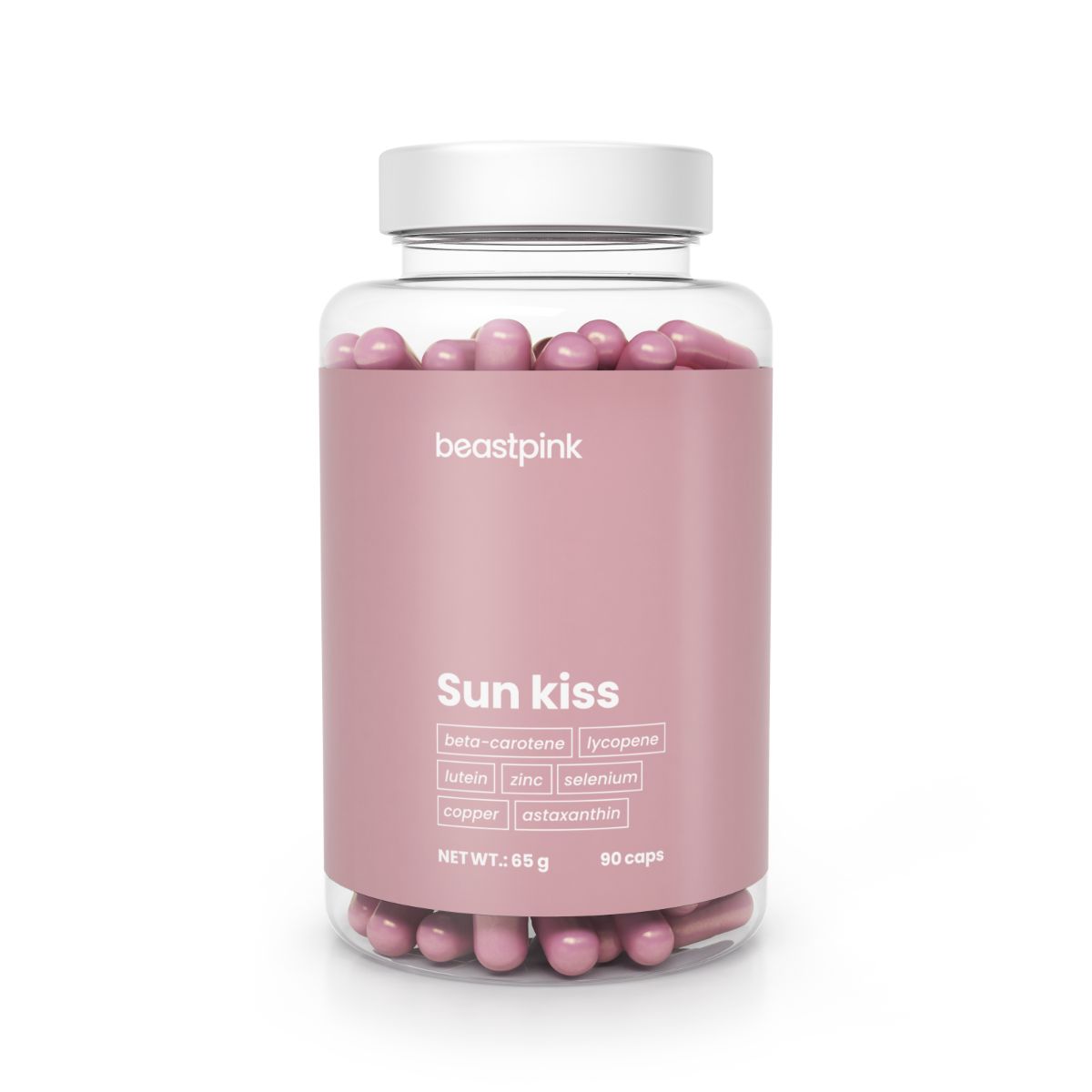 Eine Flasche mit 90 Kapseln "Sun Kiss" von beastpink. Enthält Beta-Carotin, Lycopin, Lutein, Zink, Kupfer, Selen und Astaxanthin.