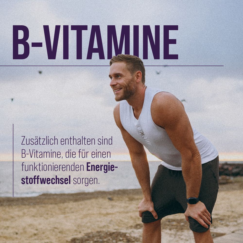 Mann am Meer. Text: B-Vitamine. B-Vitamine sorgen für einen funktionierenden Energiestoffwechsel.