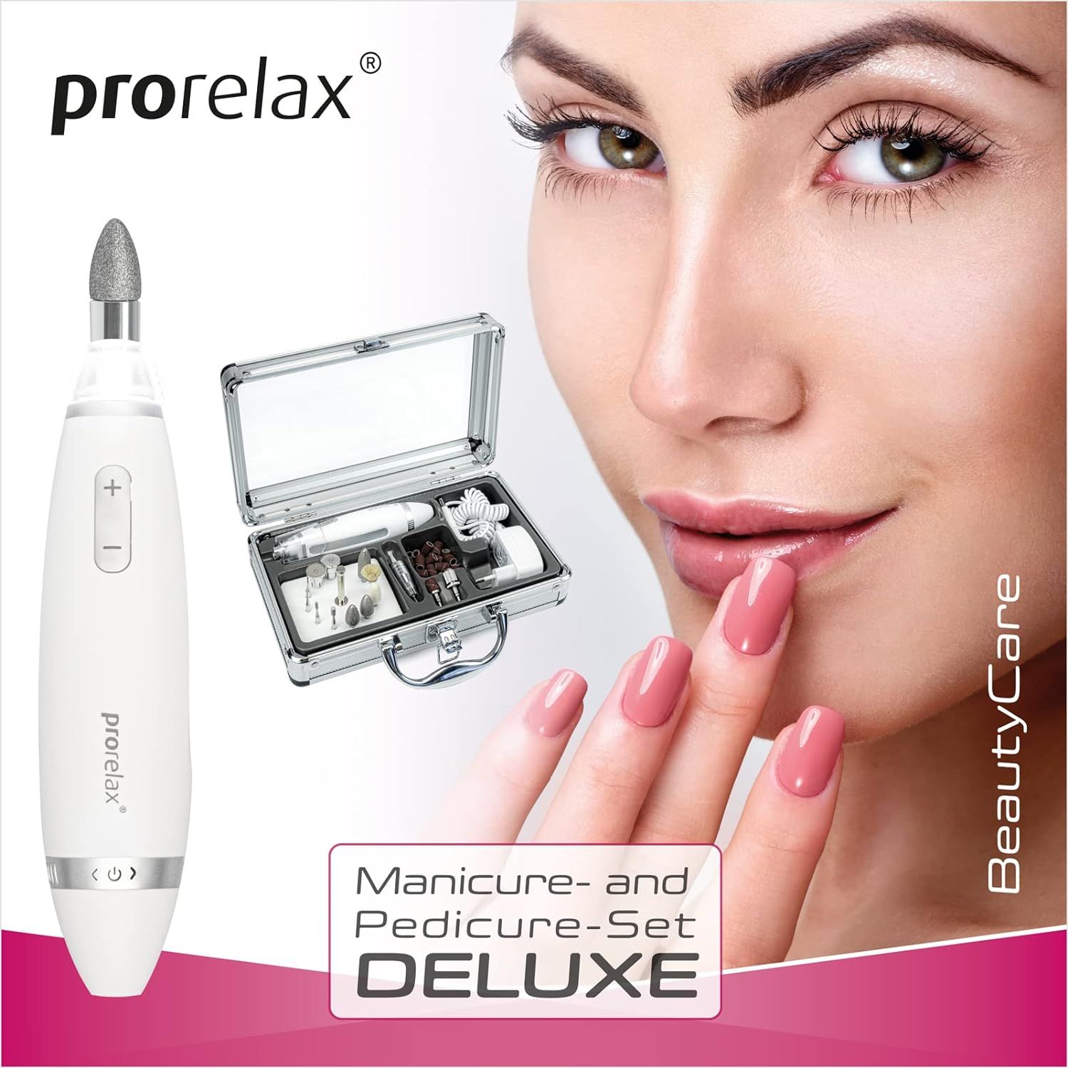Maniküre-Pediküre-Set DELUXE. Weißes Gerät, silberfarbener Koffer mit Zubehör. Frau mit lackierten Fingernägeln.