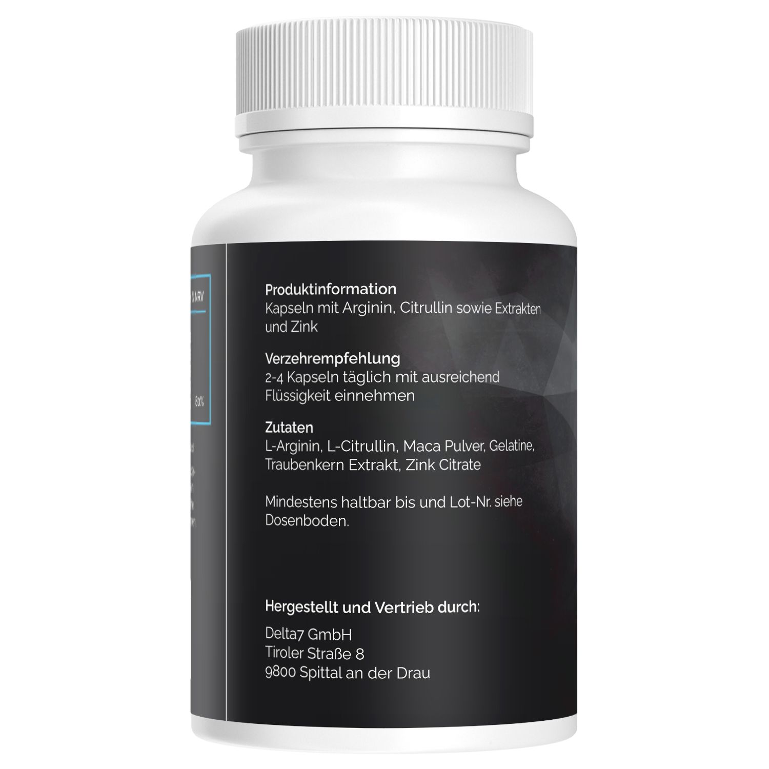 Rückseite eines weißen Behälters mit Produktinformationen und Zutatenliste.