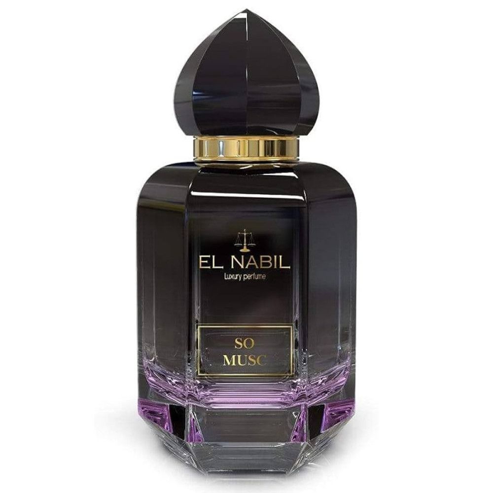 Schwarze Flasche mit goldener Kappe und Etikett. Aufschrift: El Nabil, So Musc. Geometrische Form.