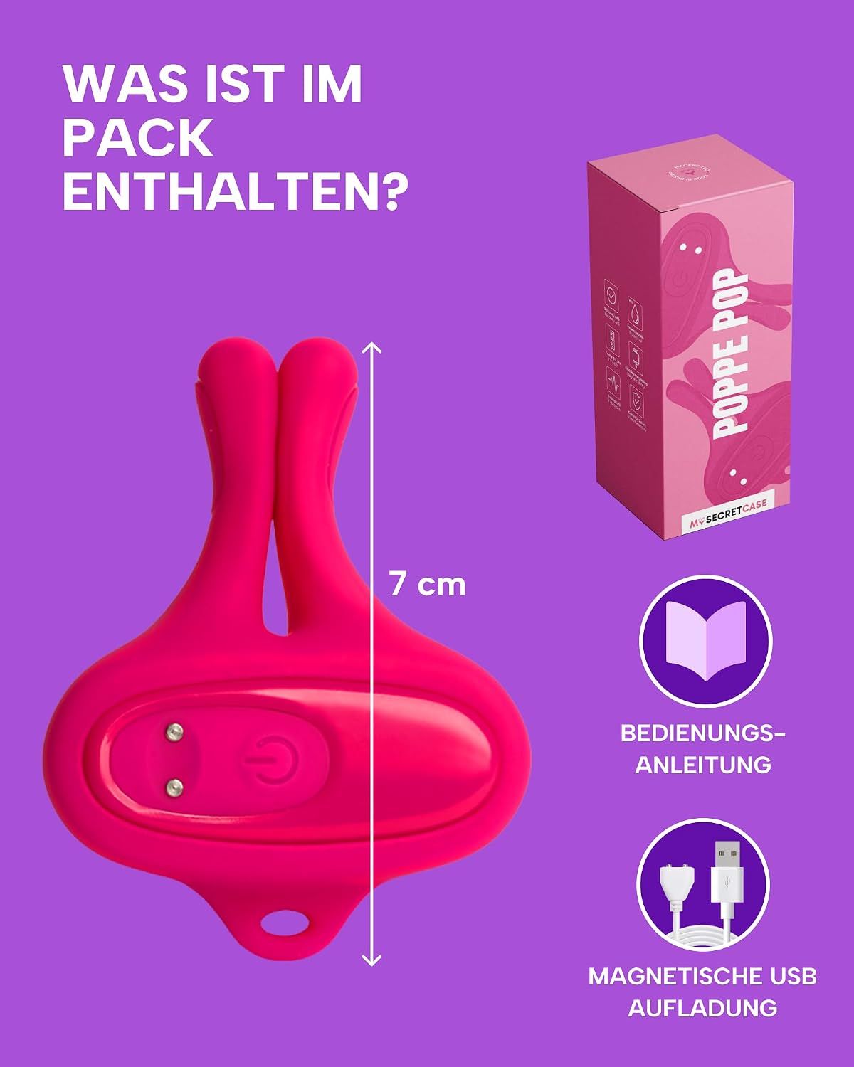 Pinker Vibrator, 7 cm lang, mit Ladeanschluss und Anleitung.