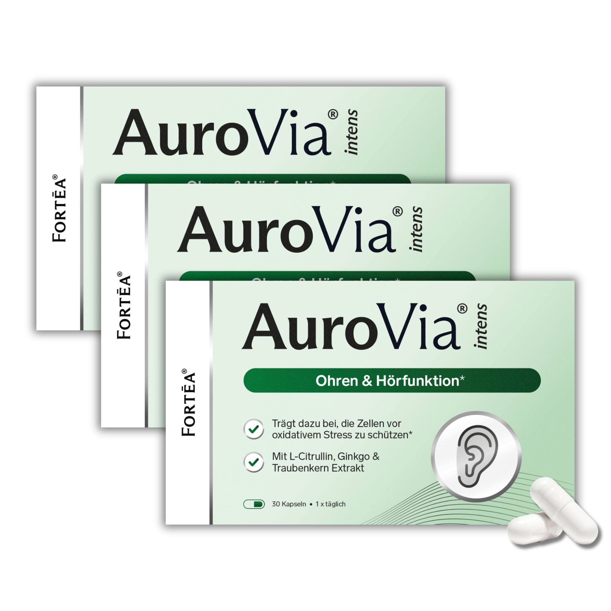 Drei Packungen AuroVia intens Ohren & Hörfunktion mit Kapseln und Ohr-Symbol.