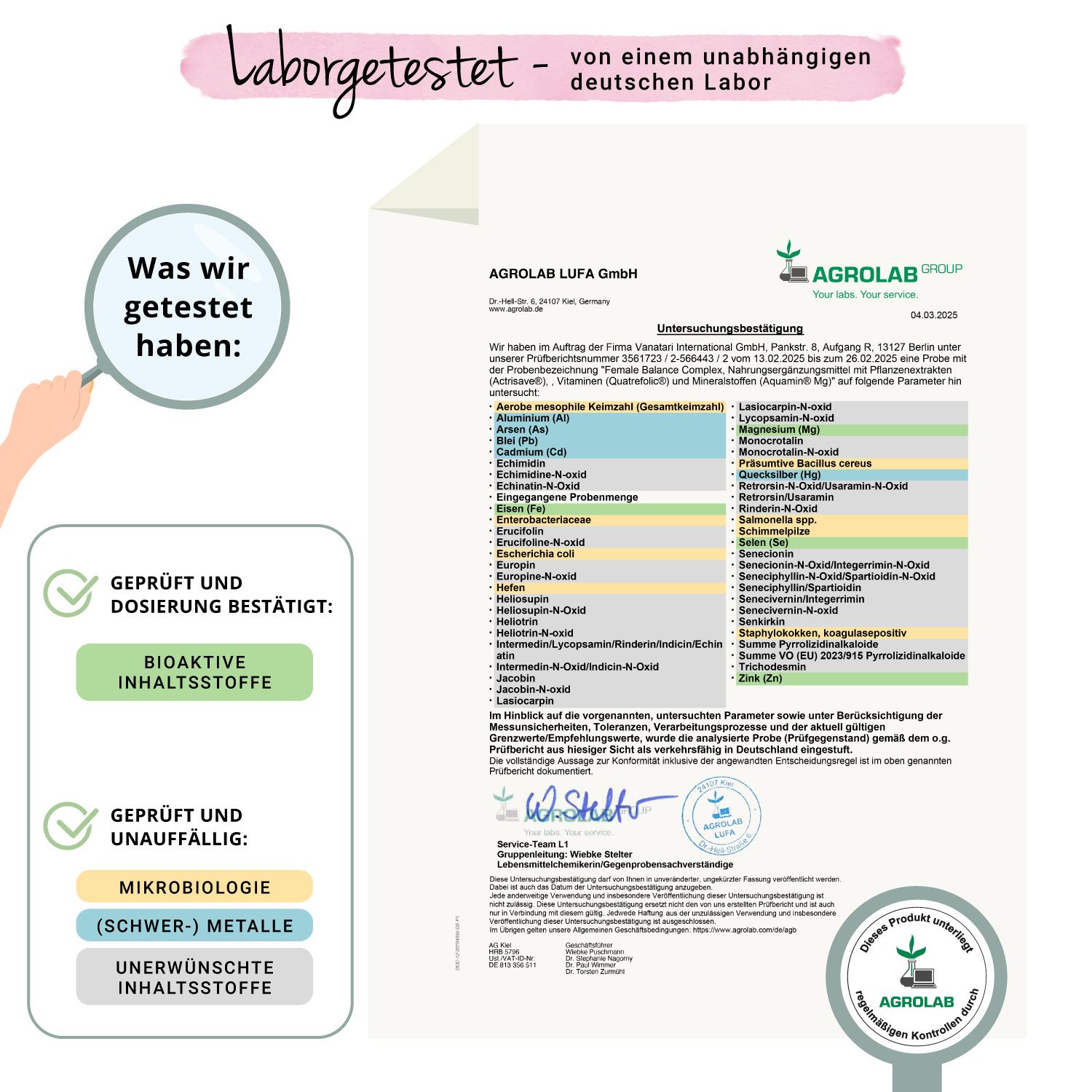 Zertifikat von AGROLAB LUFA GmbH. Bestätigung der Analyse von FEMALE BALANCE COMPLEX. Geprüft auf Inhaltsstoffe und Mikrobiologie.
