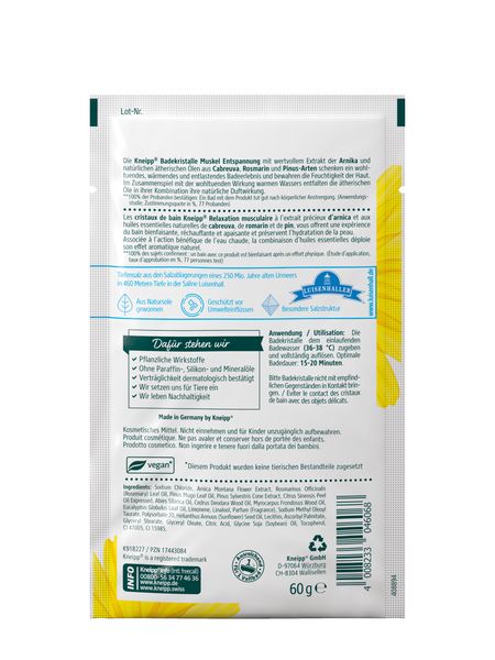 Rückseite des Beutels mit Kneipp Badekristalle Muskel Entspannung. Text, Logo, Inhaltsstoffe und Informationen.