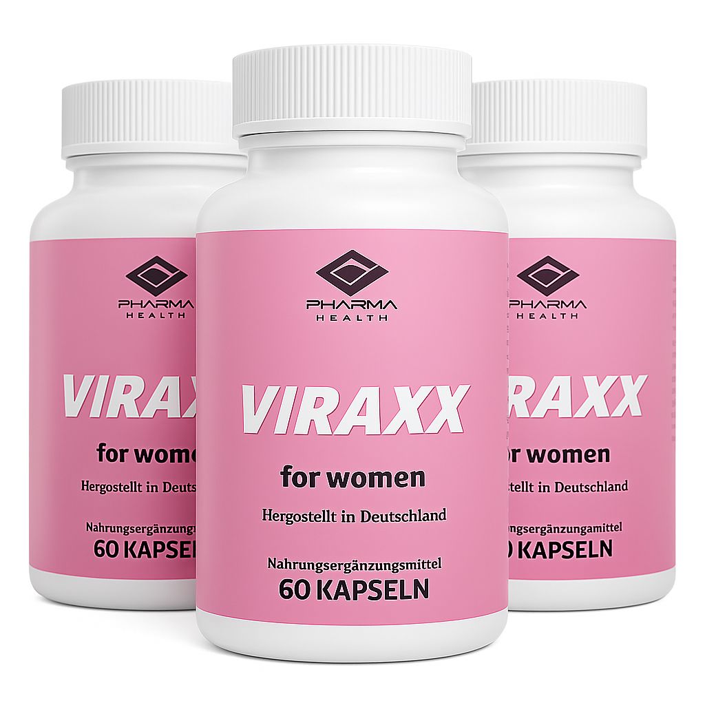 Drei weiße Flaschen mit rosa Etiketten. Aufschrift: VIRAX für Frauen, Pharma Health. 60 Kapseln. Hergestellt in Deutschland.