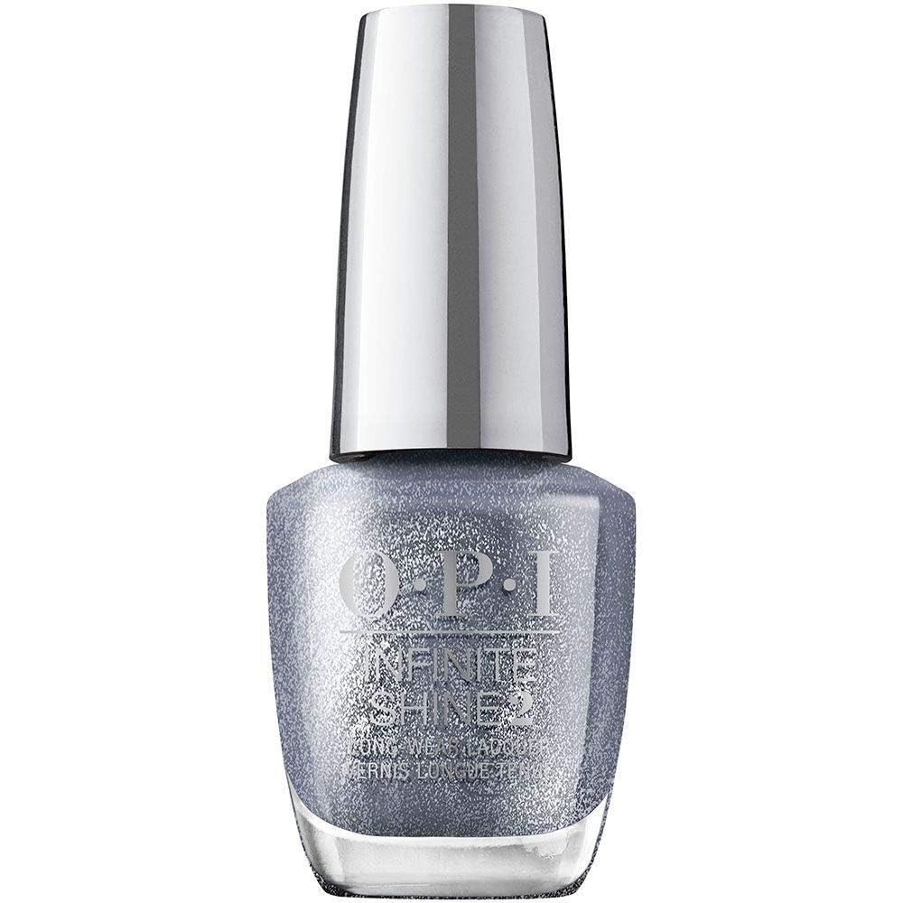 OPI Nagellacke Infinite Shine Flasche. Silberne Kappe, silberner Nagellack mit Glitzer. OPI-Logo und Produktname sind sichtbar.