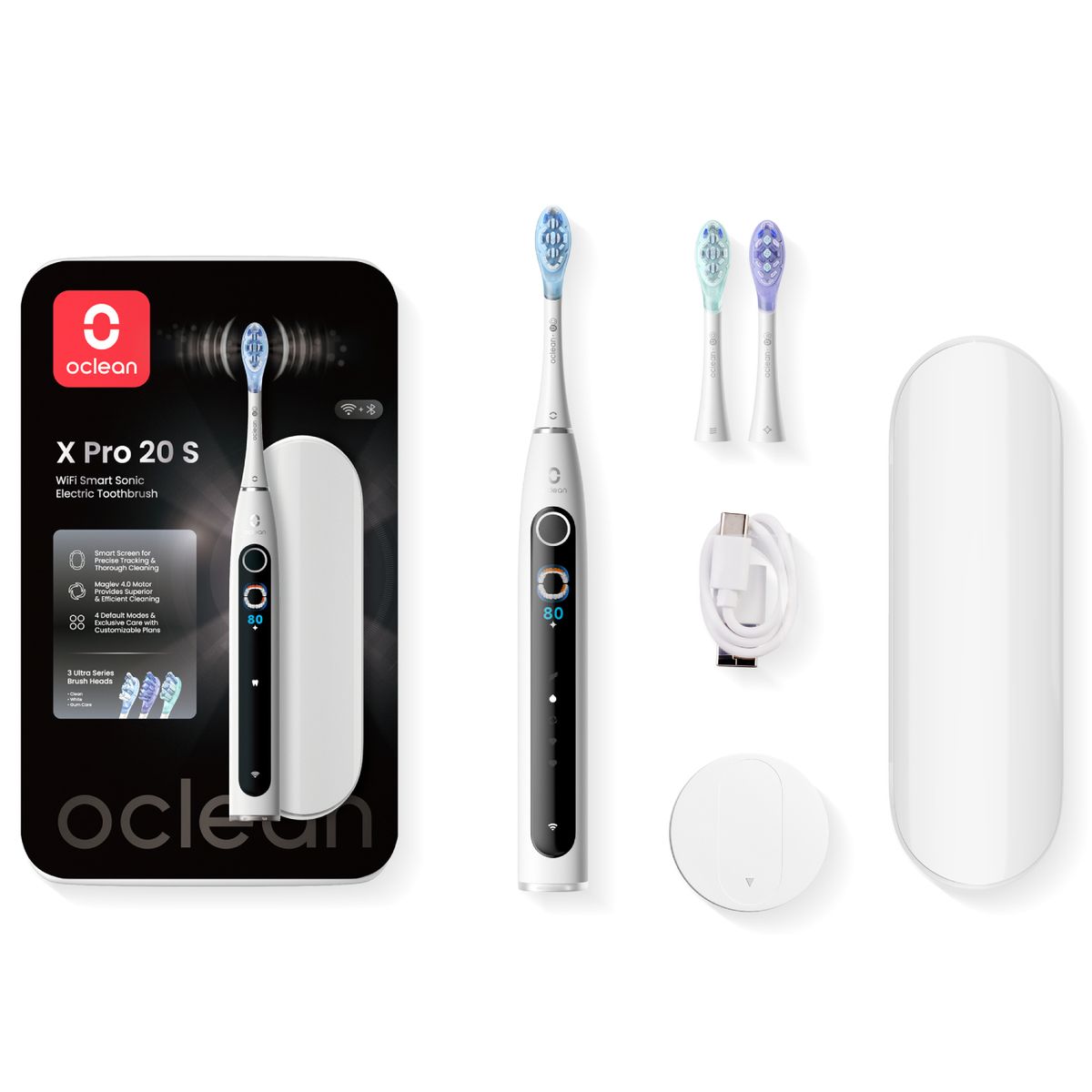 Elektrische Zahnbürste Oclean X Pro 20 S, weiß. Zubehör: 2 Bürstenköpfe, Ladestation, Ladekabel und Reiseetui. Verpackung.