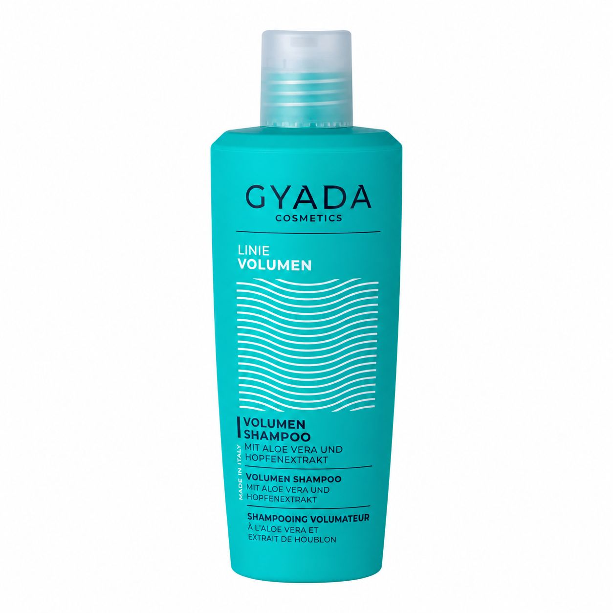 Türkise Flasche 'GYADA COSMETICS', Anwendungsschritte auf Deutsch und Italienisch.