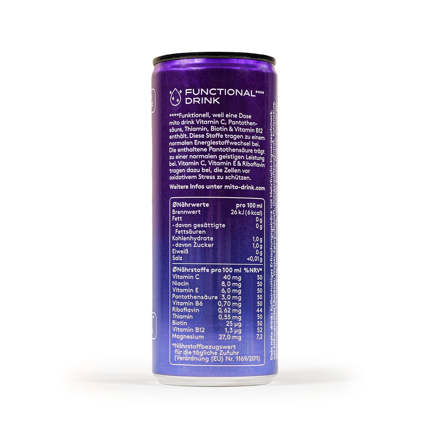 Rückseite einer lila Dose mit Nährwertangaben und Zutatenliste für 'mito' Drink.