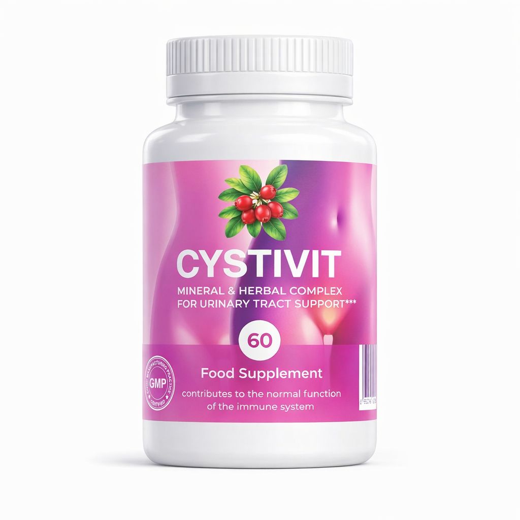 Weiße Flasche mit rosa Etikett. Aufschrift CYSTIVIT, Mineral- und Kräuterkomplex. 60 Kapseln. Nahrungsergänzungsmittel.