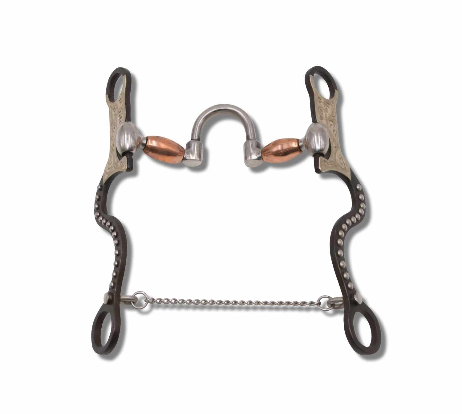 Gebiss, Metall, schwarz und silberfarben. Kette, Ziergravur. Mundstück mit Kupferakzenten.