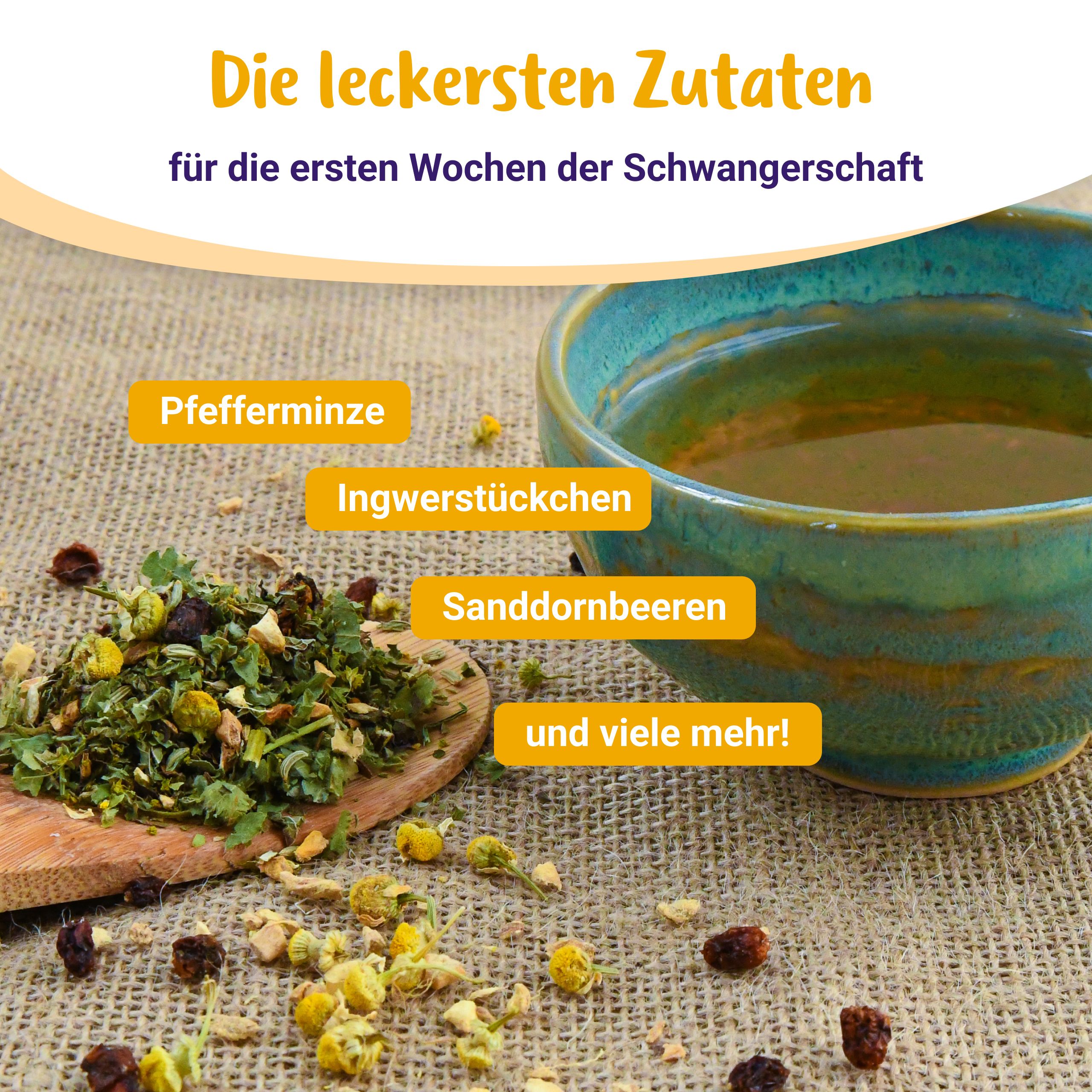 Zutaten für Guten Morgen Mami BIO Tee: Pfefferminze, Ingwer, Sanddornbeeren.