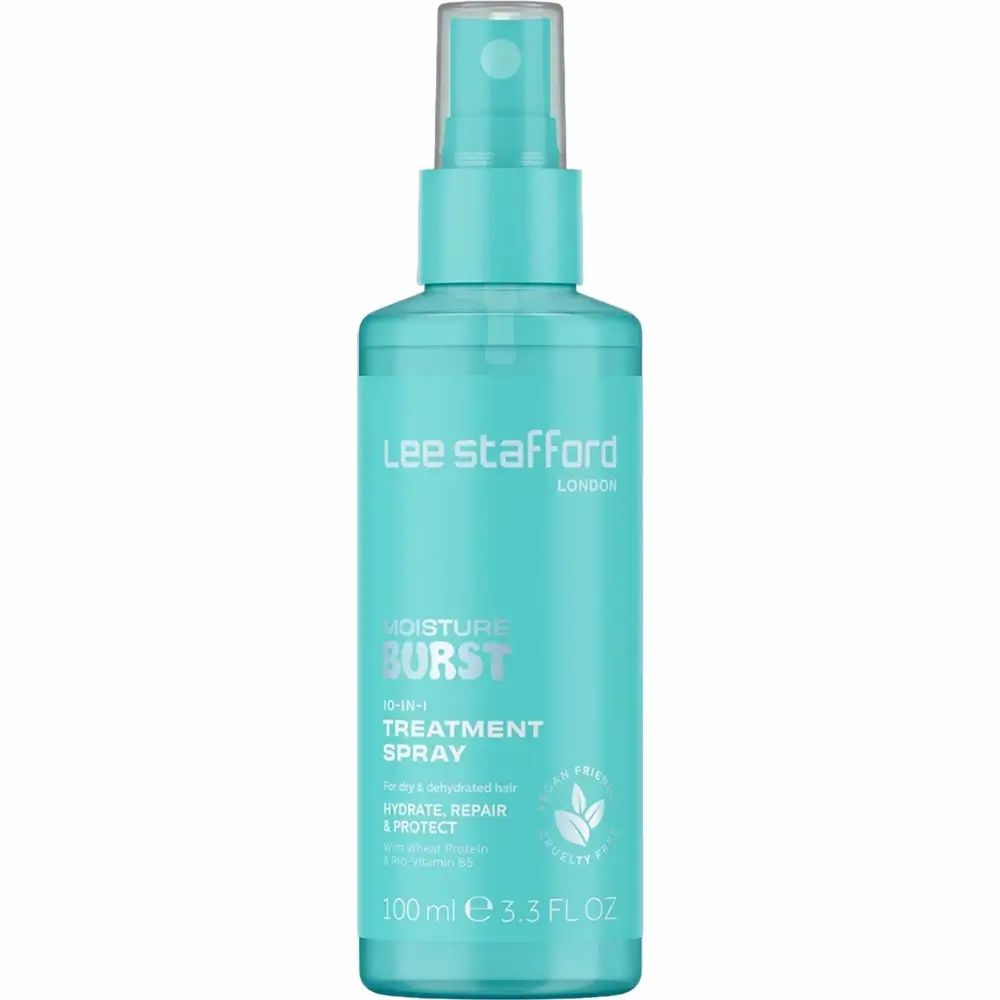 Türkisgrüne Sprühflasche mit weißem Etikett. Aufschrift: Moisture Burst. Vegan-Siegel.