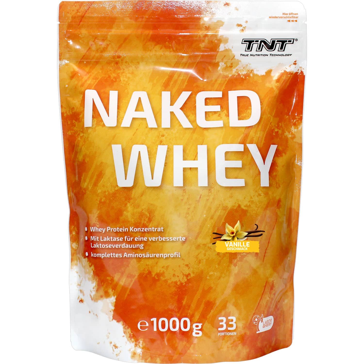 Beutel TNT Naked Whey. Aufschrift: Naked Whey, Vanille, 1000g. Enthält Molkenproteinkonzentrat mit Laktase.