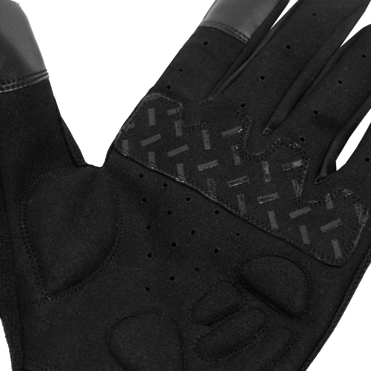 Detailansicht der Innenhand von schwarzen Radsporthandschuhen mit Polsterung und Perforation.