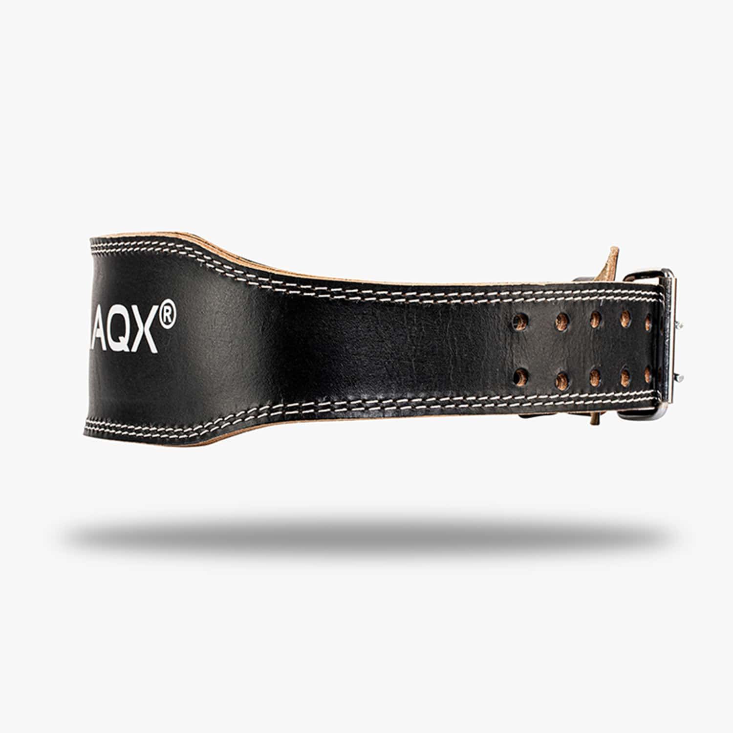 Schwarzer CLIMAQX Power Belt mit Logo und Schnalle. Ledergürtel mit weißen Nähten und Ösen.
