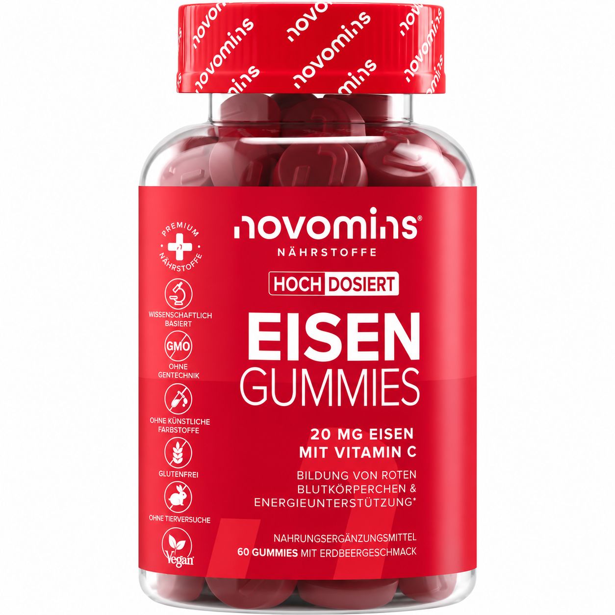Flasche mit Novomins Eisen Gummies, 60 Stück mit Erdbeergeschmack. Enthält 20 mg Eisen mit Vitamin C.
