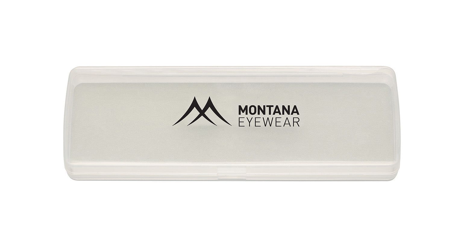 Weißes Brillenetui mit Montana Eyewear Logo. Rechteckige Form.