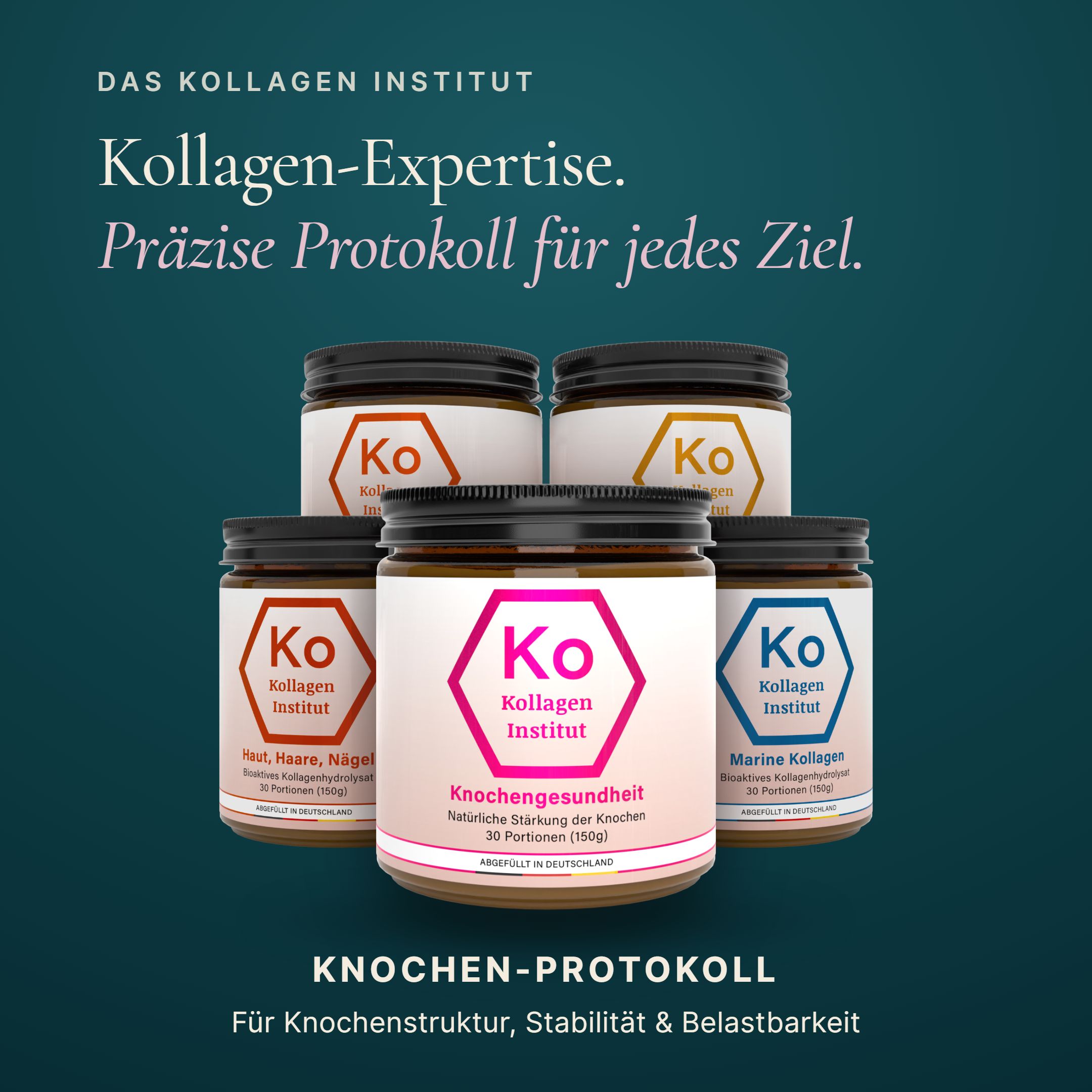 Fünf Gläser Kollagenpulver, verschiedene Etiketten, gruppiert. Text über Knochen-Protokoll.