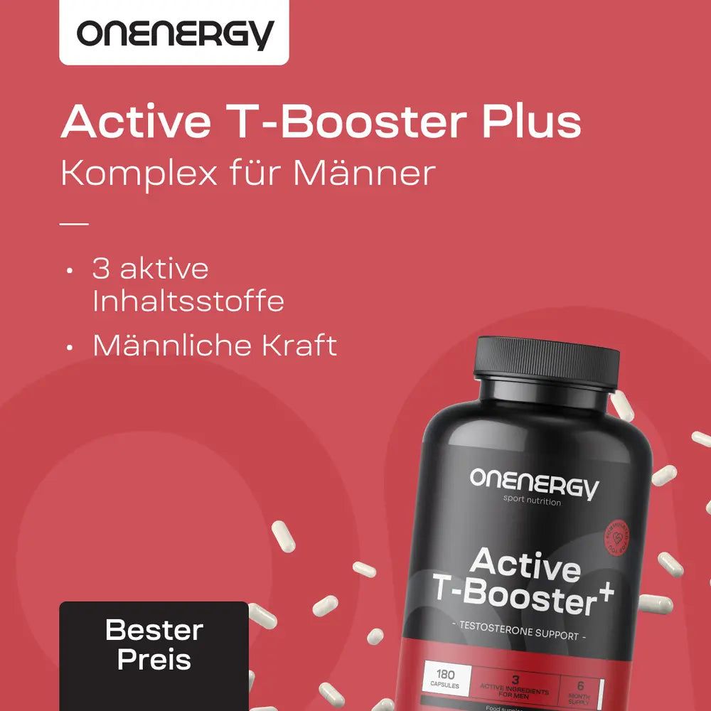 Mann hebt Hanteln, daneben Flasche OnEnergy Active T-Booster Plus.