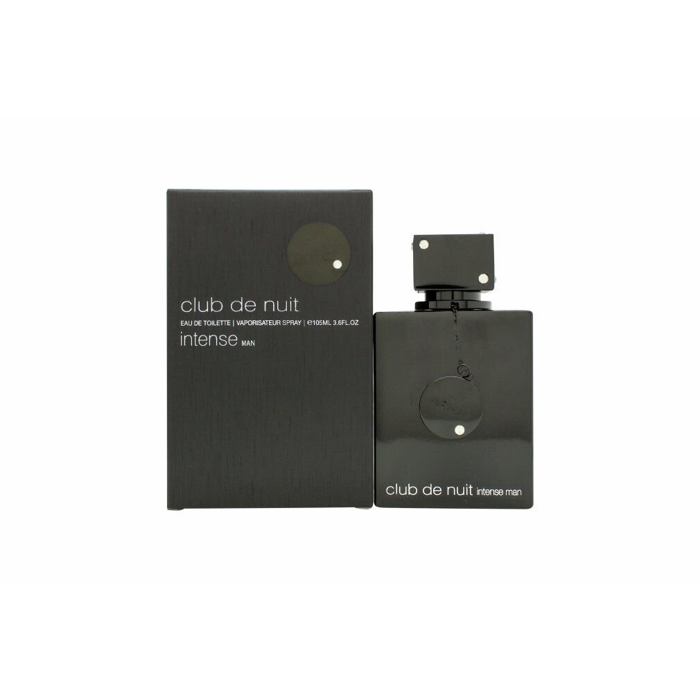 Schwarzer Flakon und Karton. Aufschrift: Club de Nuit Intense Man. Flakon mit quadratischem Deckel.