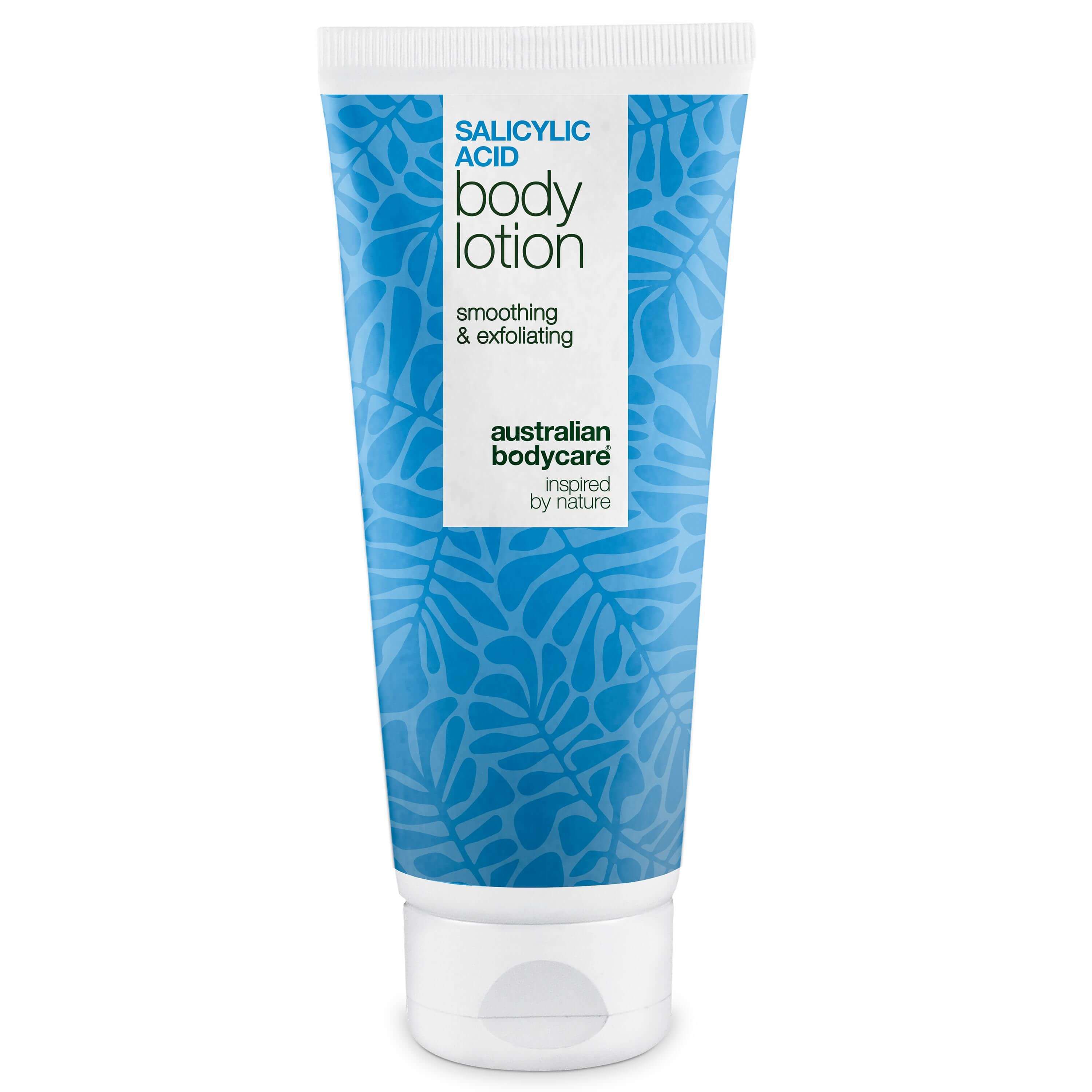 Körperlotion-Tube. Weißer Deckel, blaue Schrift. "Salicylsäure Body Lotion".