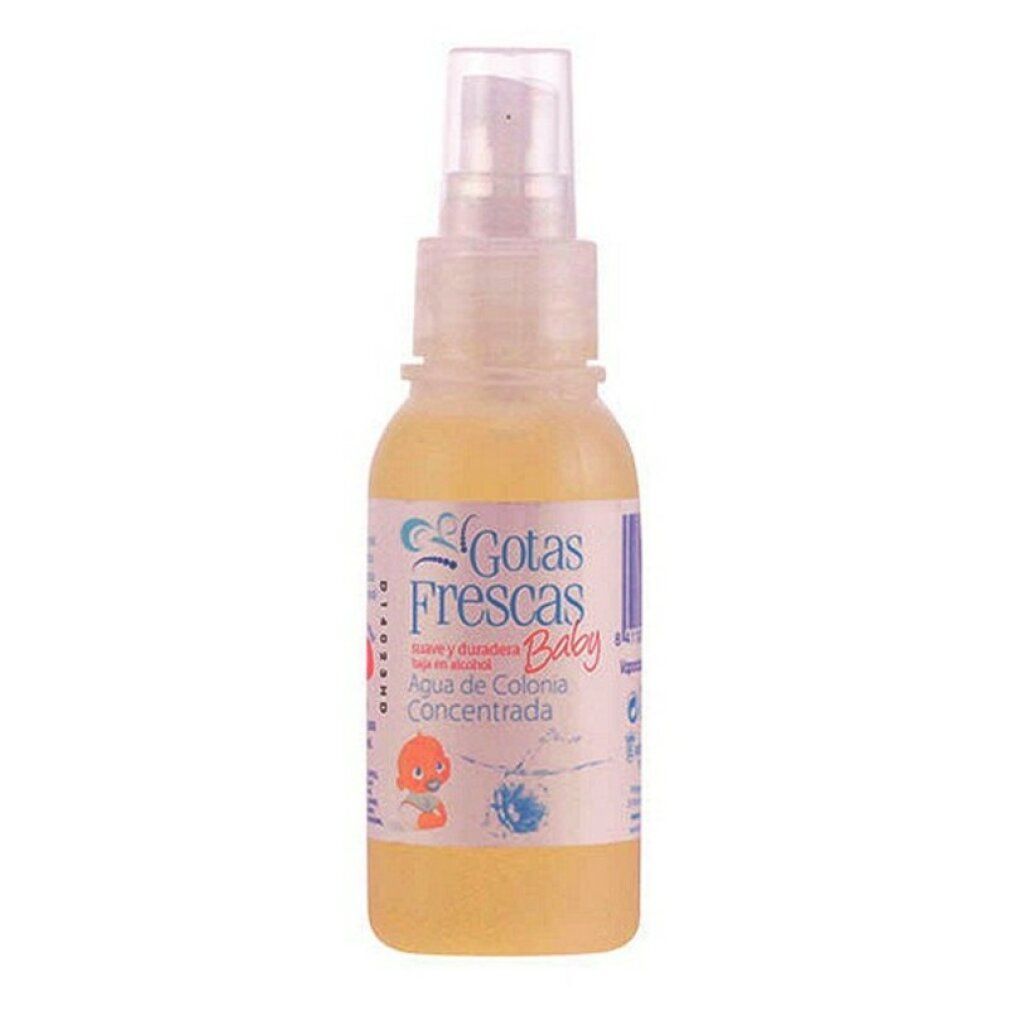 Kleine Baby-Eau de Cologne Sprühflasche mit blauem Etikett und blauem Verschluss.